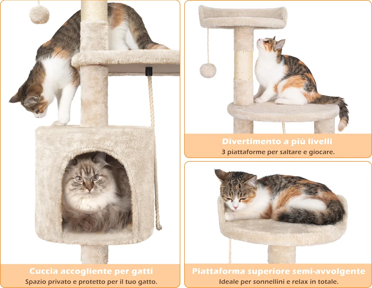 HOMIDEC Tiragraffi per Gatti,112cm Multifunzionale Alberi Tiragraffi Stabile con 4 Pali in Sisal,3 Piattaforme e 1 Cuscino per Albero Gatti Ideale per Gioco e Relax-Beige