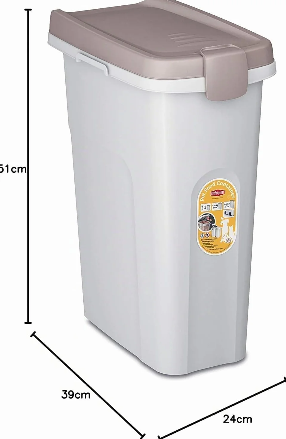 Stefanplast 3812101 Contenitore Pet Food in Polipropilene Bianco con Coperchio A Chiusura Ermetica Tortora Lt 25