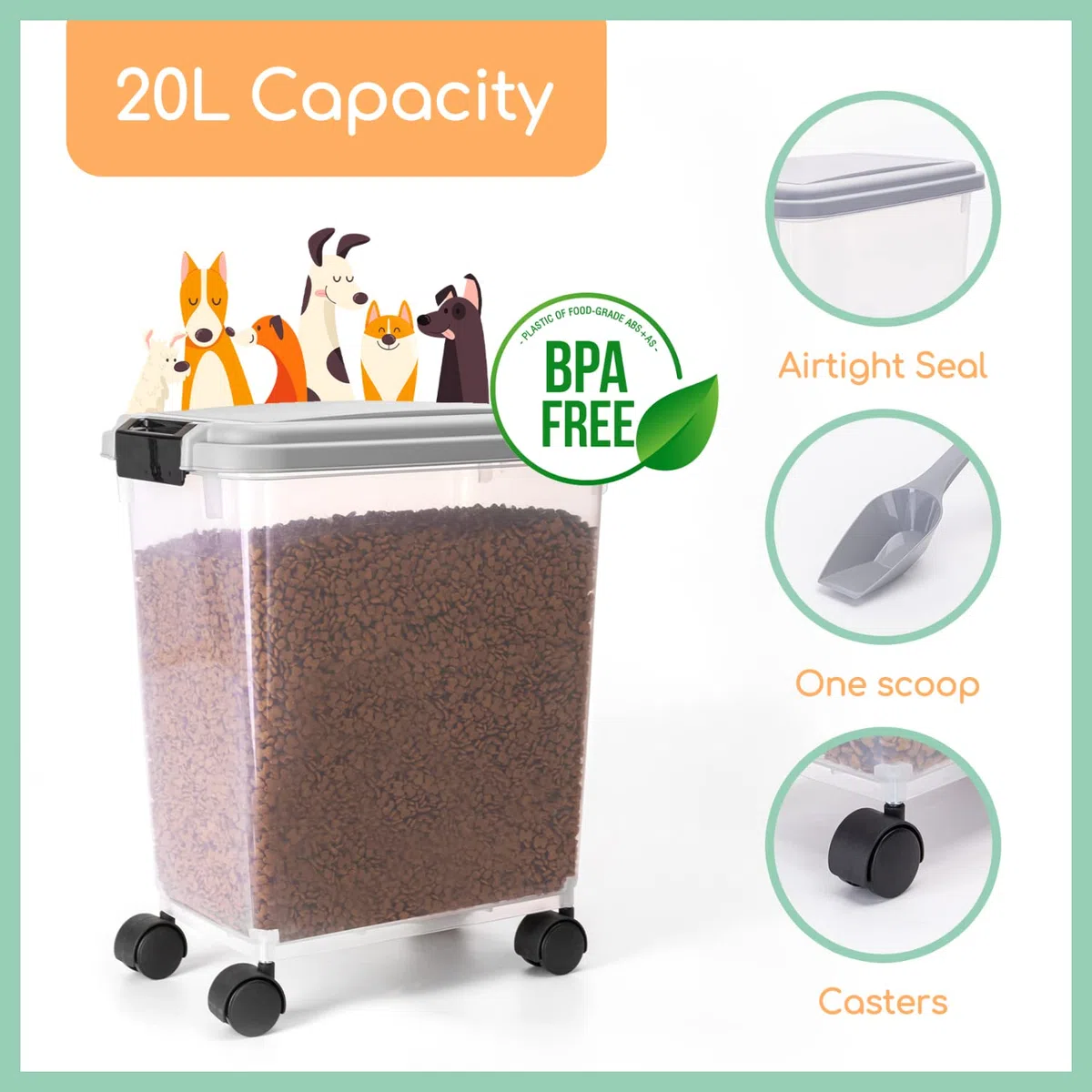 Nobleza - 2 Pezzi Contenitore per Animali da 20 L, Animali Domestici Scatola di Alimenti con Ruote Contenitore, Coperchio Ribaltabile, Ermetico, Trasparente, Ruote e Pala, per Cibo per Cani e Gatti
