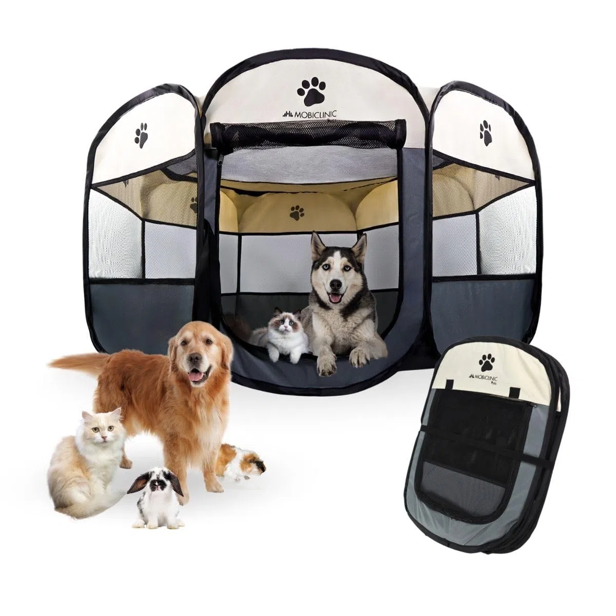 Mobiclinic® pets, Box Pieghevole Per Animali Domestici, 114x114x58 cm, Scooby, 2 accessi, 8 finestre, Elastico il ripiegamento, Interni ed esterni, Tessuto in rete 600d, Facile da pulire, Grigio