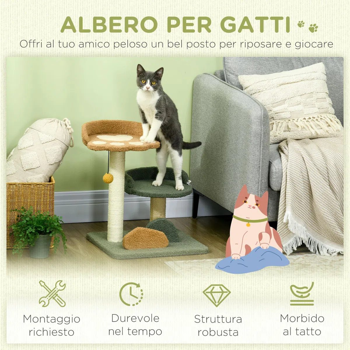 PawHut Albero Tiragraffi per Gatti con 2 Piattaforme Lettini, Pallina Appesa e Rivestimento in Velluto, 43x39x52cm, Multicolore
