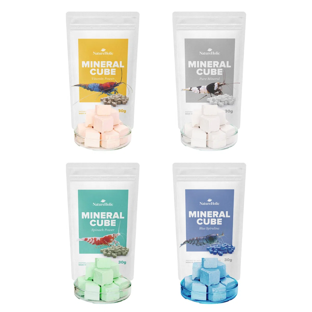 NatureHolic MineralCube - Confezione da 4 pezzi | Pure Mineral, Vitamine Power, Spinach Power & Blue Spirulina | Mangime minerale e permanente per gamberetti, lumache, granchi, granchi