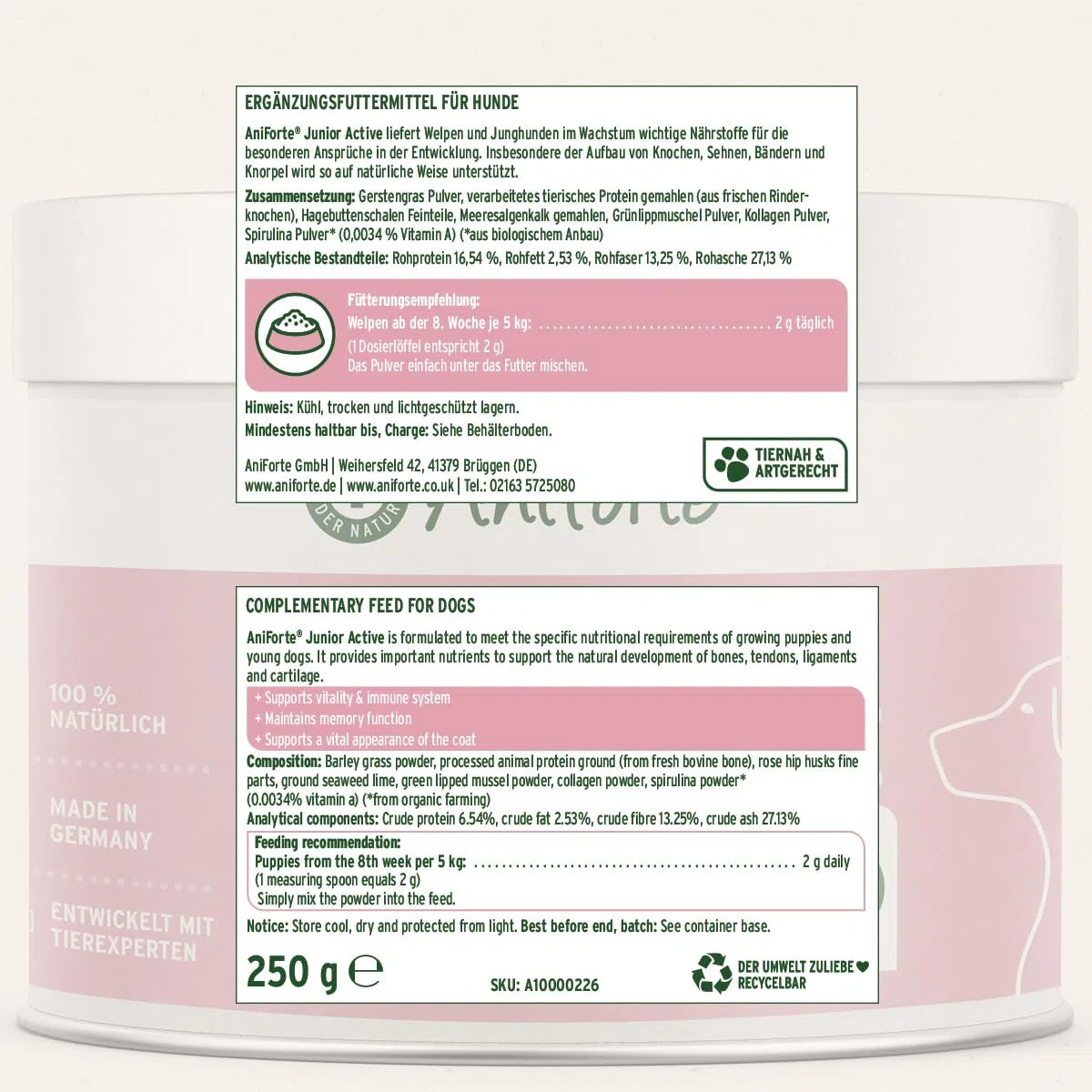 AniForte Junior Active per Cuccioli e Giovani Cani 250g - per Ossa, tendini, legamenti, Sviluppo dei Denti di Cuccioli e Giovani Cani. Integratore per Cuccioli con Calcio, vitamine e minerali
