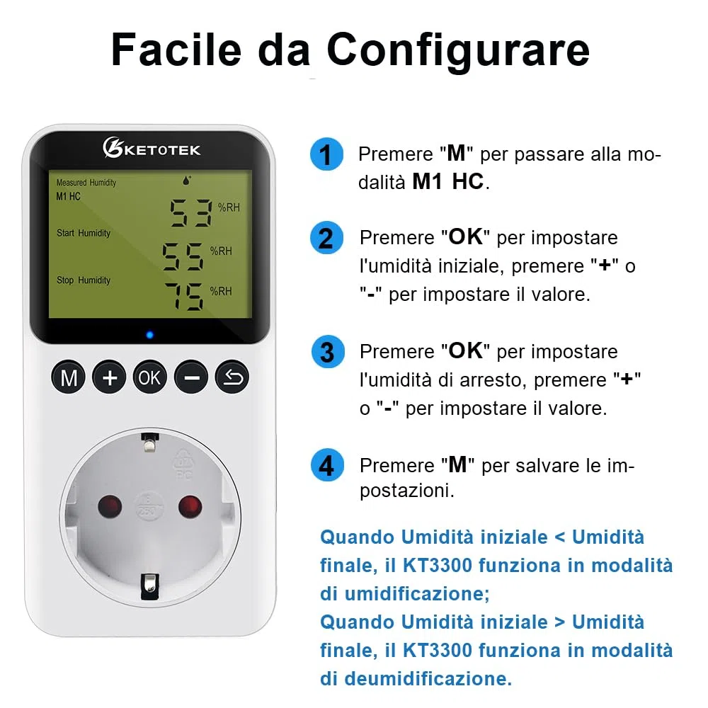 KETOTEK Igrostato a Presa con Sonda 220V, Regolatore di Umidità Spina Digitale con Funzione Coutdown per Grow Box Incubatrice Uumidificatore Deumidificatore