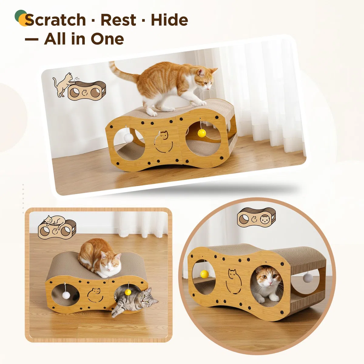 Gimars Casetta Tiragraffi per Gatti 3-in-1, Cuccia e Lettino Tiragraffi in Cartone Ondulato con Palline Gioco, Protezione Mobili e Divani, Stile Legno, 59.5 x 29.5 x 28 cm