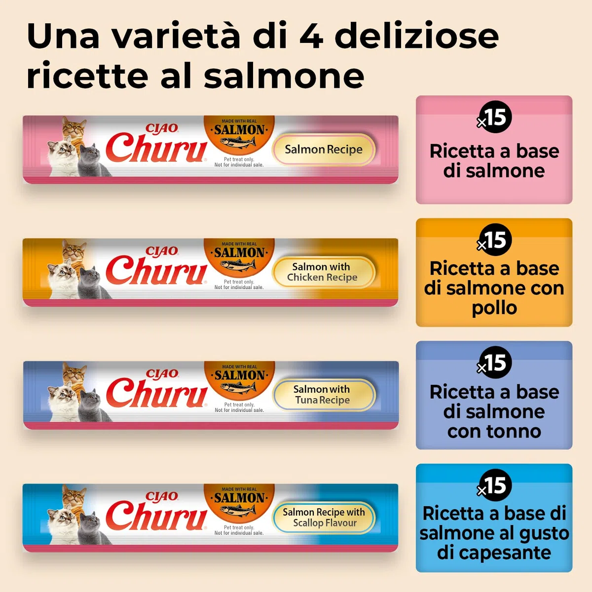INABA Churu Salmon Variety Pack, Snack Cremosi per Gatti in Morbido Purè da Dare a Mano, Ricette con Salmone, Tonno, Pollo e Capesante, Ingredienti di Alta Qualità, Ricchi di Umidità, 60 stick da 14g