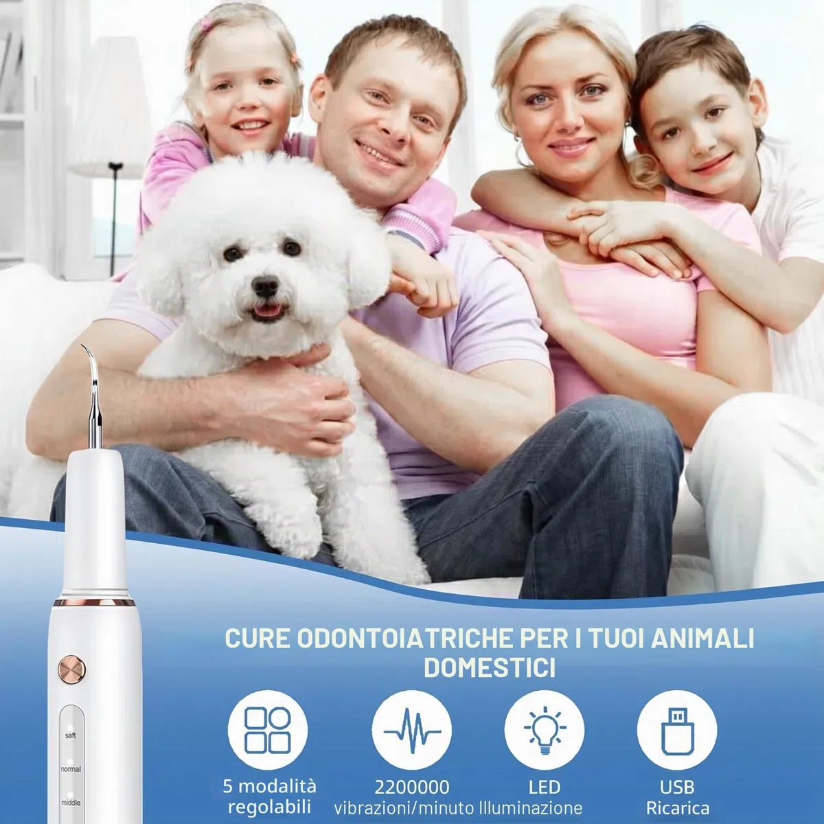 Rimozione del tartaro ad ultrasuoni Kit di pulizia dentale ad ultrasuoni per cani pulitore dentale per animali domestici 5 modalità regolabili per gatti strumenti di pulizia dei denti rimozione del