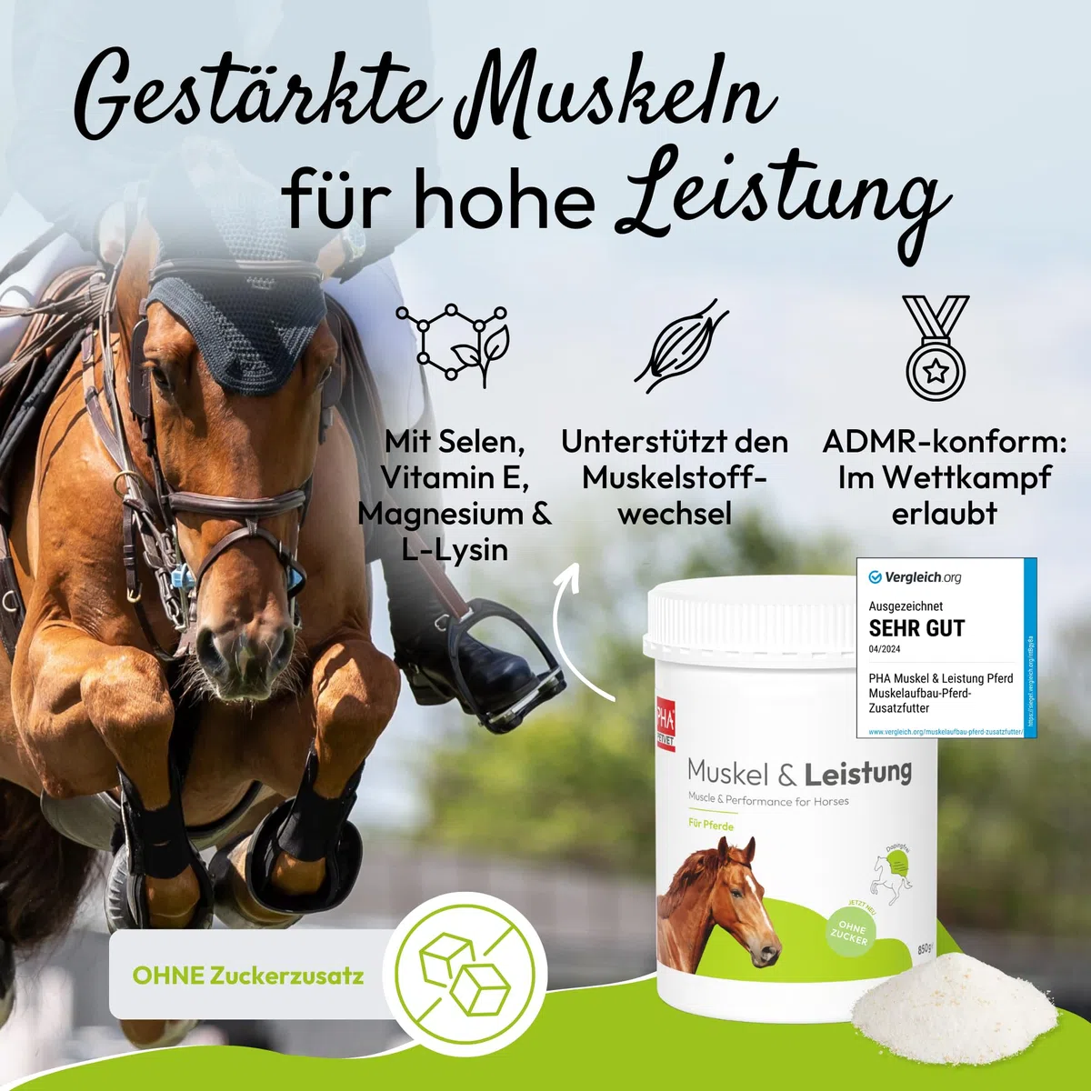 PHA Muscolo & Prestazioni per Cavalli – Minerali e Vitamine per la Costruzione Muscolare e Le Prestazioni, con vitamina E, magnesio e Selenio, Polvere 850 g