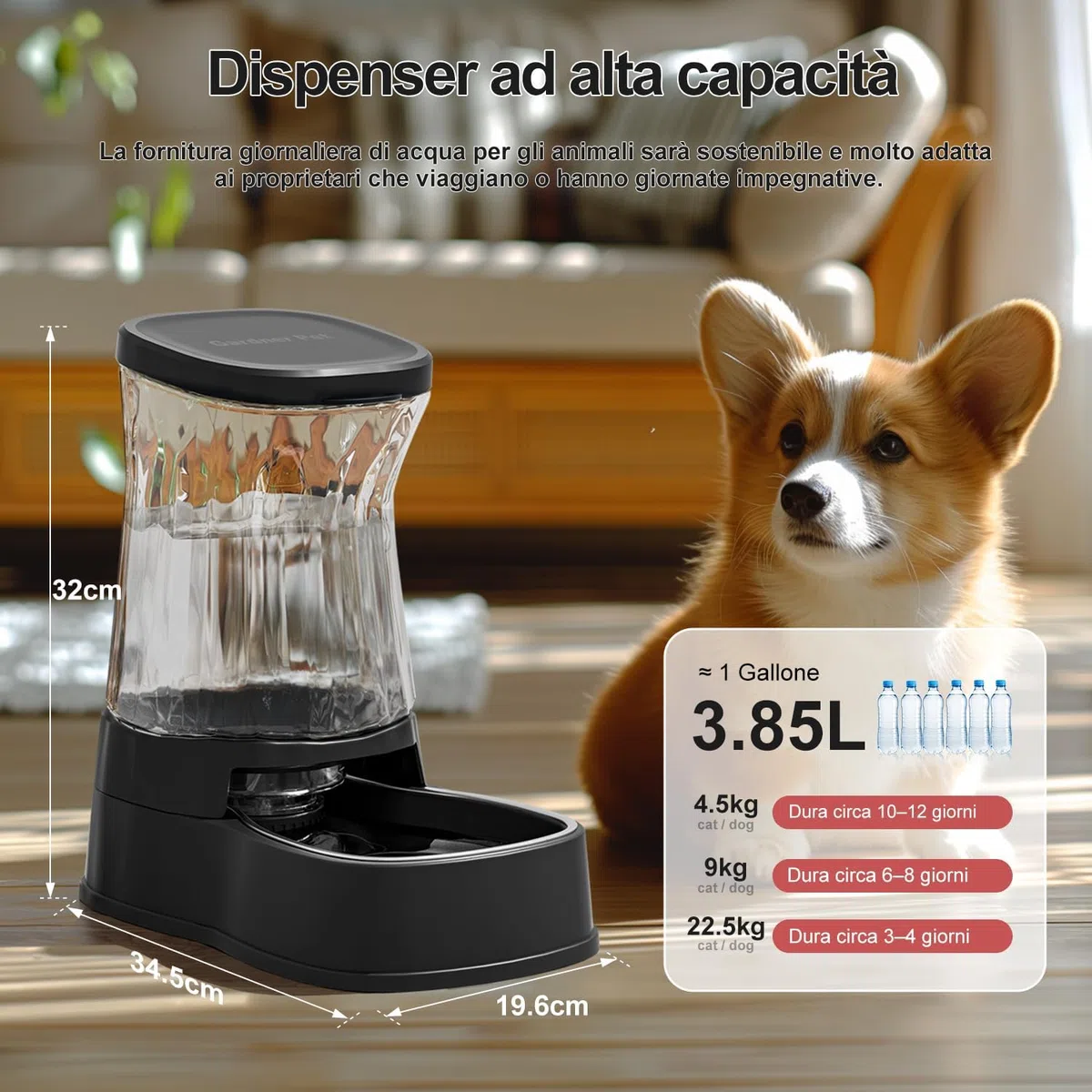 Gardner Pet 3.85L Dispenser Acqua per Gatti e Cani, Ciotola in Acciaio Inox, Distributore Acqua a Gravità Senza Corrente, Abbeveratoio Senza BPA, Con Filtro, Grigio Scuro