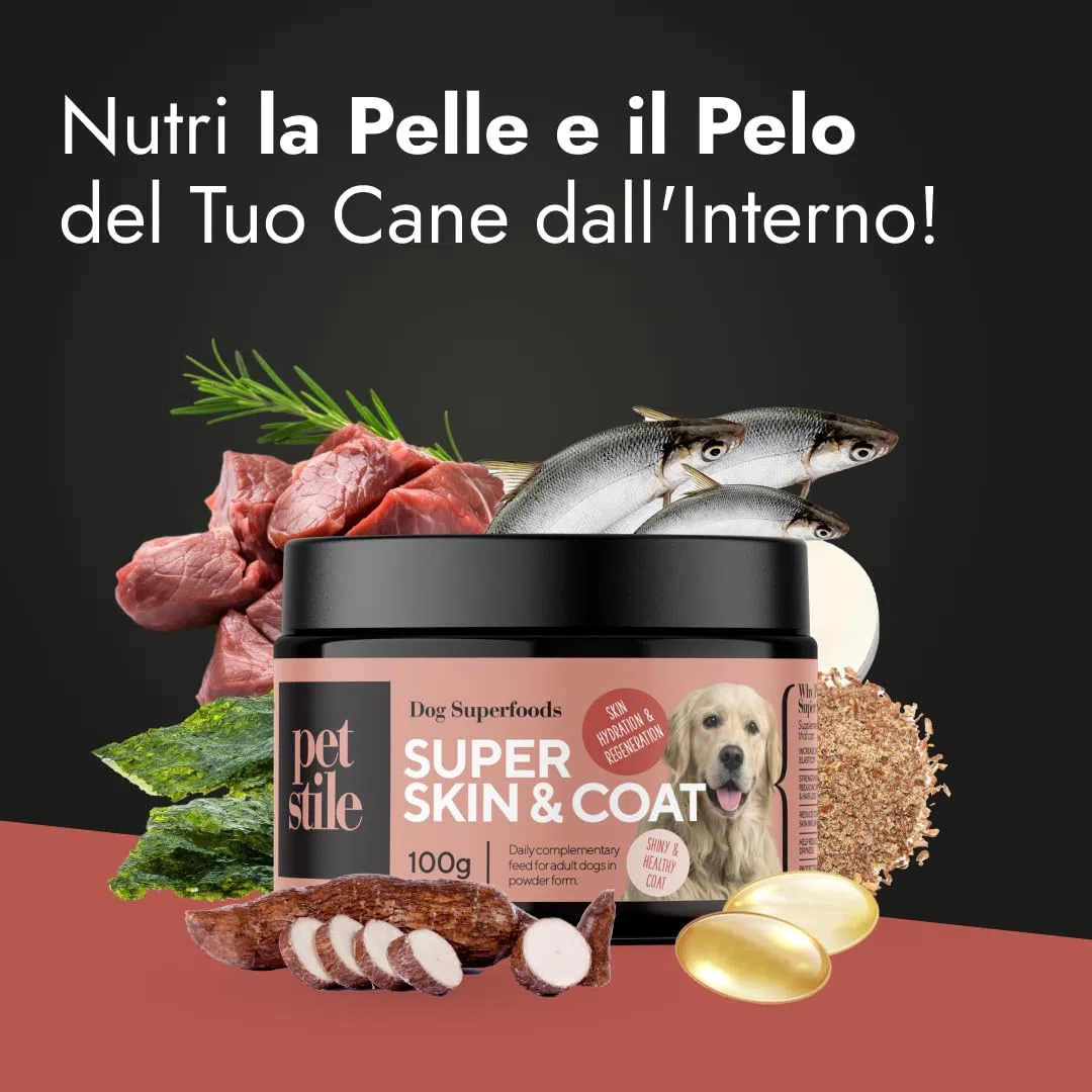 Super Skin & Coat – Integratore naturale per cani con collagene, semi di lino e olio di pesce per pelle elastica, pelo sano e riduzione delle infiammazioni (1x 100 g)