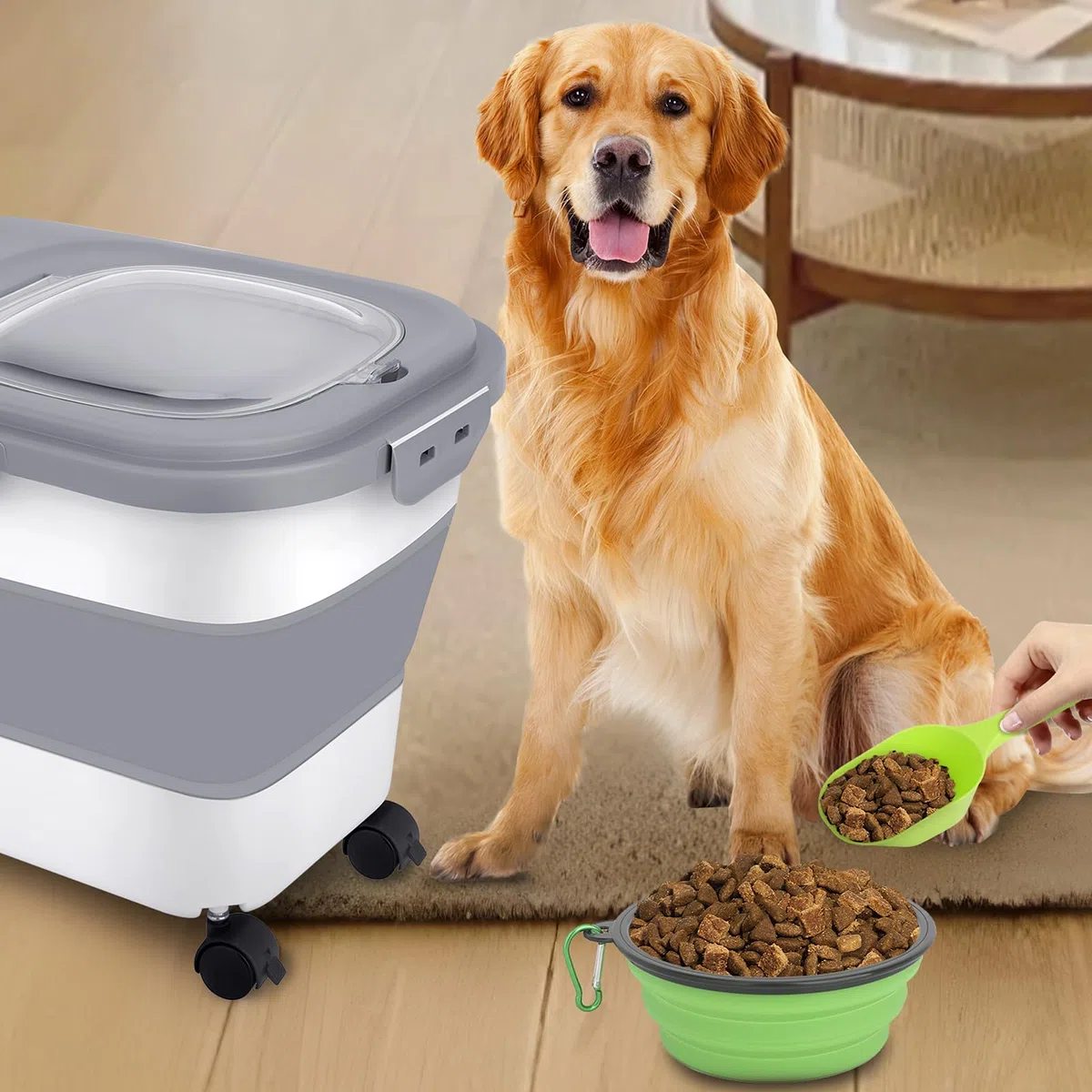 Porta Crocchette per Cani Gatto Contenitore Pieghevole Ermetico 7-10kg con Ciotola Cane Ruota Misurino e Pala