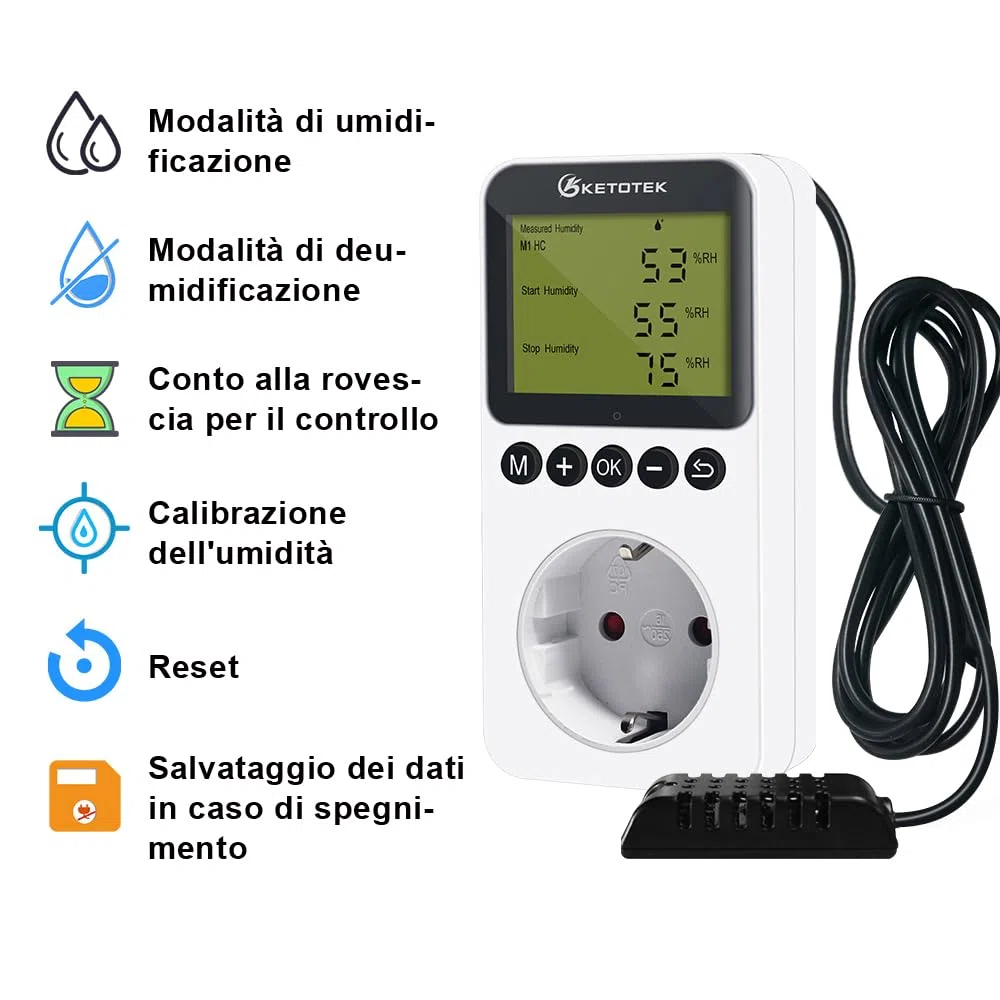 KETOTEK Igrostato a Presa con Sonda 220V, Regolatore di Umidità Spina Digitale con Funzione Coutdown per Grow Box Incubatrice Uumidificatore Deumidificatore
