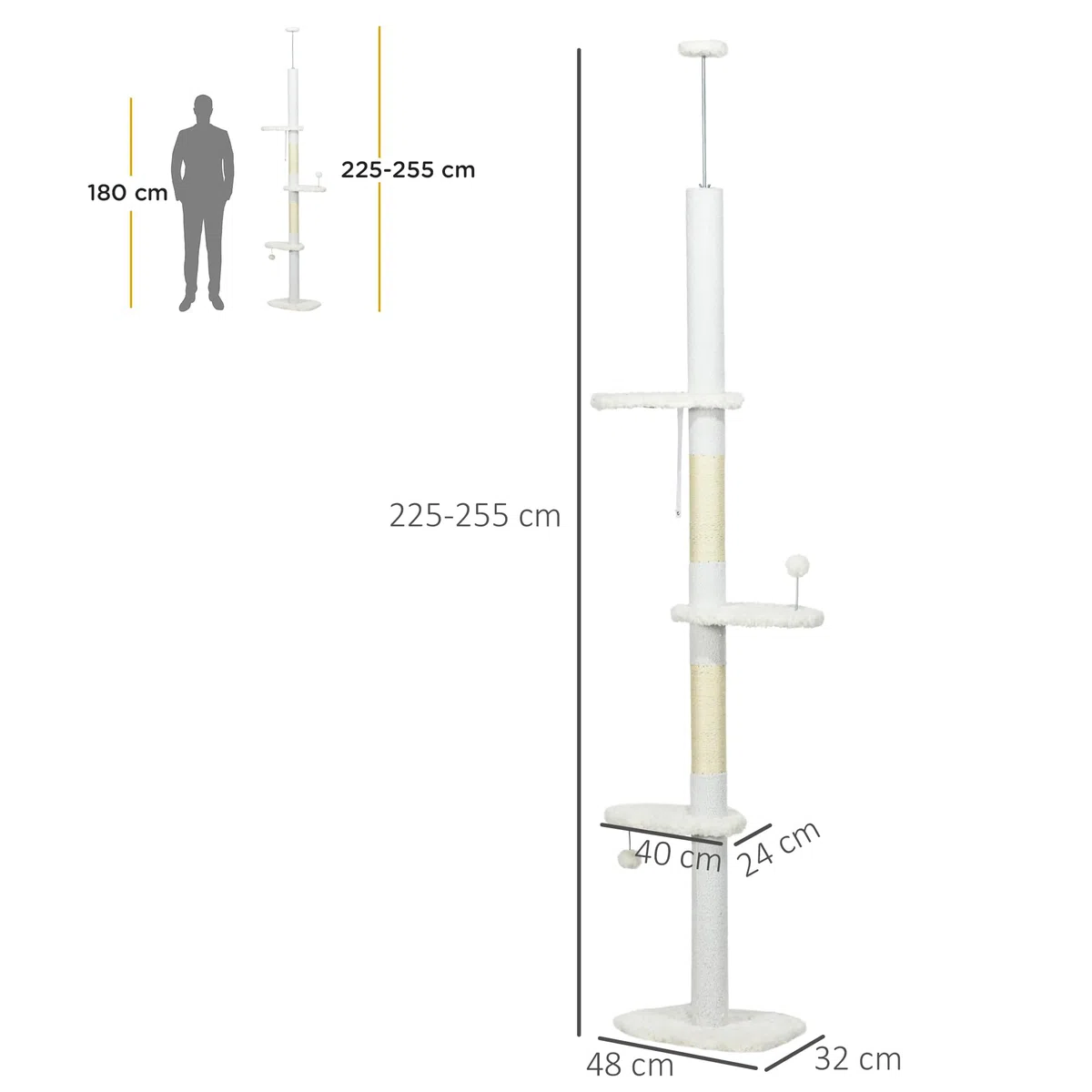 PawHut Albero Tiragraffi a Soffitto con Altezza Regolabile, Torre per Gatti Multilivello con Pali Tiragraffi in Corda di Sisal, 48x32x225-255 cm, Bianco