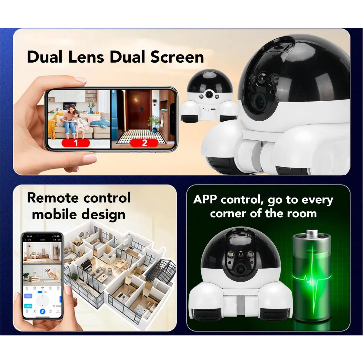 ASHATA Telecamera di Sicurezza Domestica a Doppio Obiettivo 1080P con Ruote Cingolate, Controllo Tramite APP, per Monitoraggio Interno, Tracciamento Animali (128G 400W)