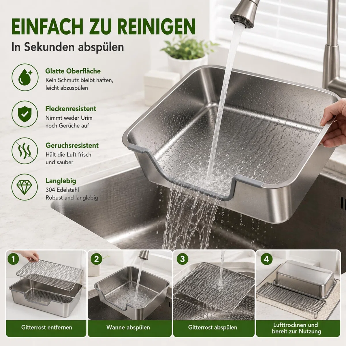 HYLYUN Lettiera per conigli in acciaio inox, grande (40 x 30 x 15 cm), toilette per roditori con griglia di protezione e piedini antiscivolo, resistente all'urina, estremamente igienica, ideale per 1