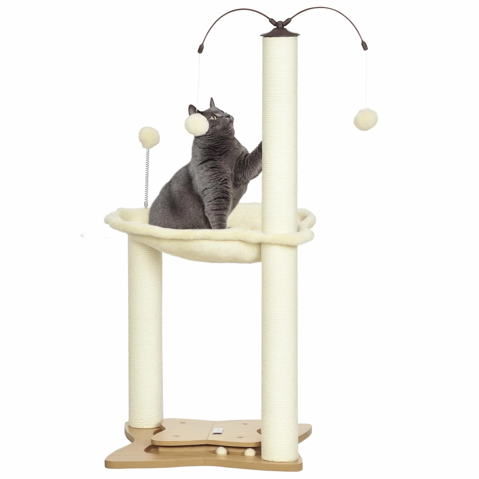 PawHut Albero Tiragraffi per Gatti max 5kg con Amaca, Palline da Gioco e Pali in Sisal, Torre per Gatti in MDF e Peluche, 53.5x53.5x90 cm, Beige