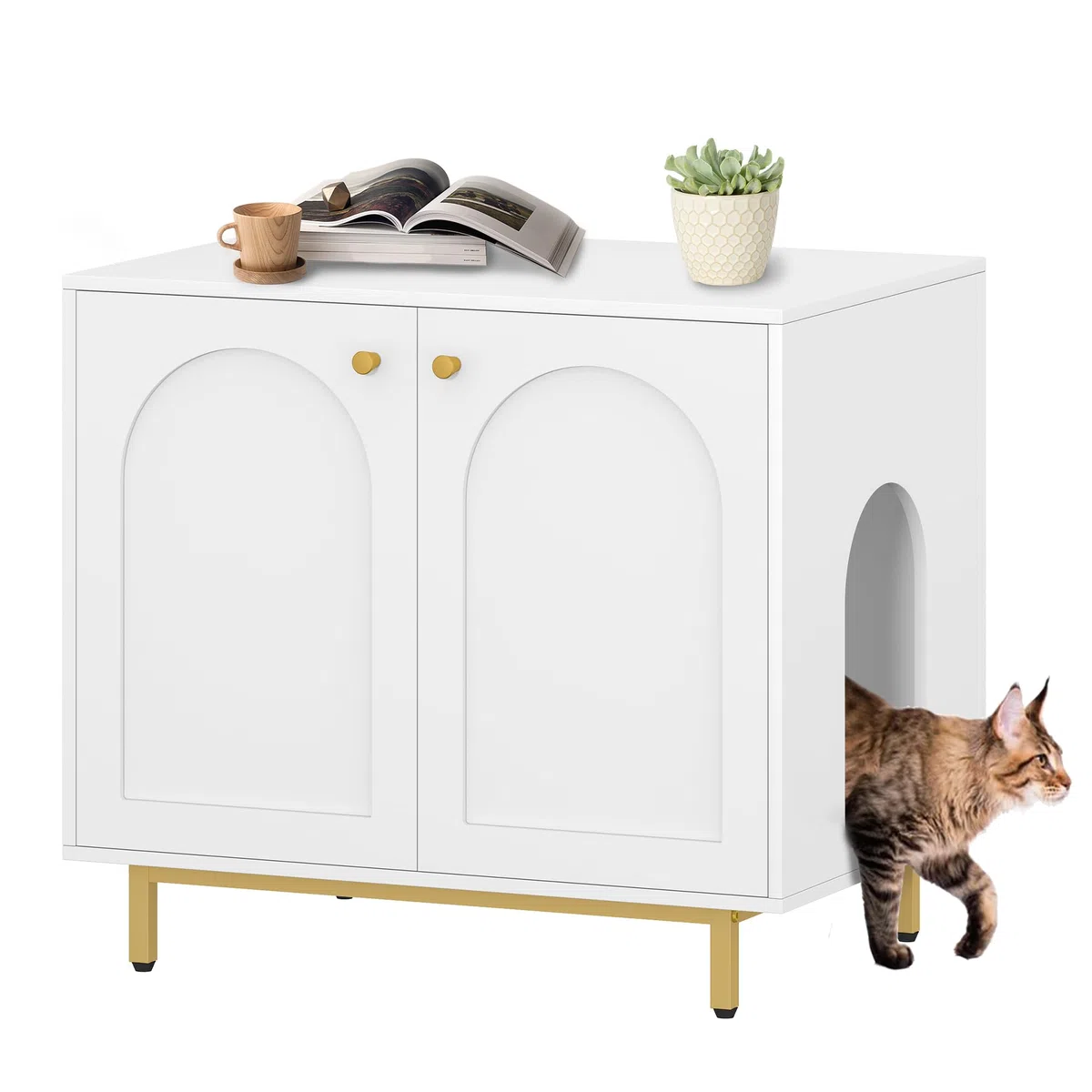 Hzuaneri Casa Della Toilette Per Gatti, Mobile Nascosto, Tavolino in Legno per Animali Domestici, Panca per Armadietto, Adatto Alla Maggior Parte dei Gatti, 80 x 55 x 70 cm, Bianco e Oro CB85003G