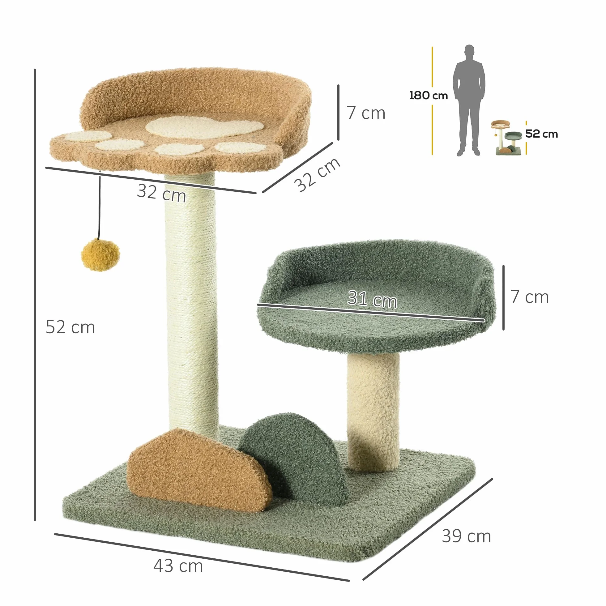 PawHut Albero Tiragraffi per Gatti con 2 Piattaforme Lettini, Pallina Appesa e Rivestimento in Velluto, 43x39x52cm, Multicolore