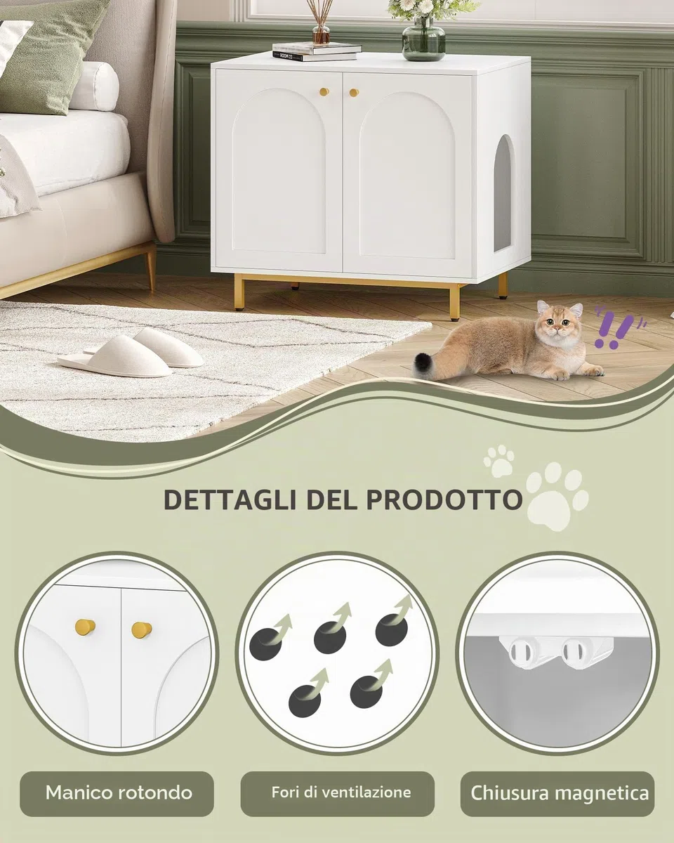 Hzuaneri Casa Della Toilette Per Gatti, Mobile Nascosto, Tavolino in Legno per Animali Domestici, Panca per Armadietto, Adatto Alla Maggior Parte dei Gatti, 80 x 55 x 70 cm, Bianco e Oro CB85003G
