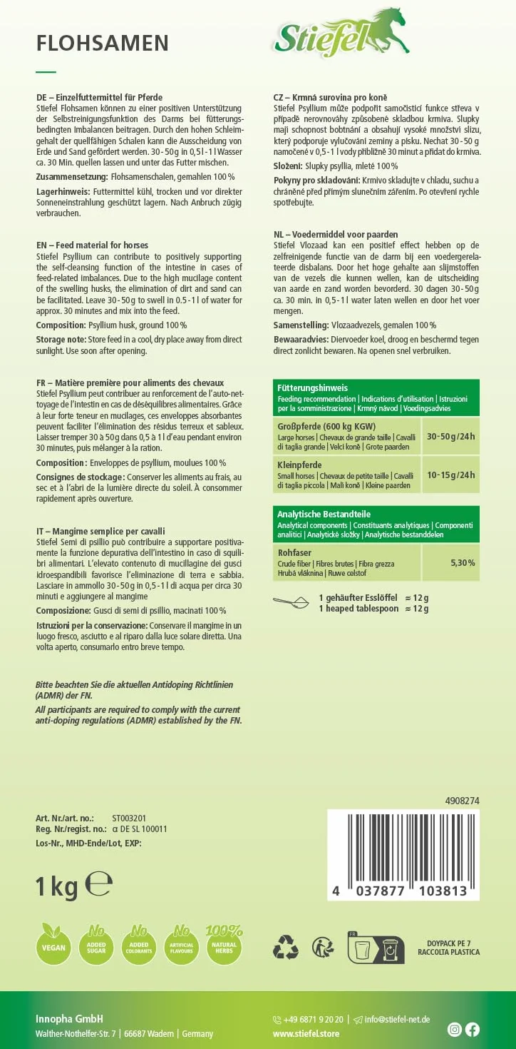 Stiefel Semi di psillio per Cavalli, 100% gusci di Semi di psillio Indiani Naturali, Supporta la Funzione autopulente dell'intestino, 1 kg