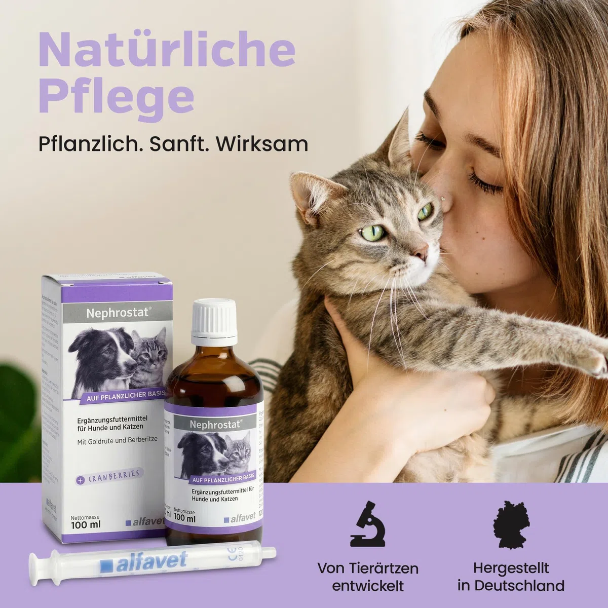 Alfavet Nephrostat (100 ml) – alimento complementare liquido per cani e gatti – supporto nutrizionale per vie urinarie e organi urinari – con verga d’oro, betulla, ortosifon e siringa dosatrice