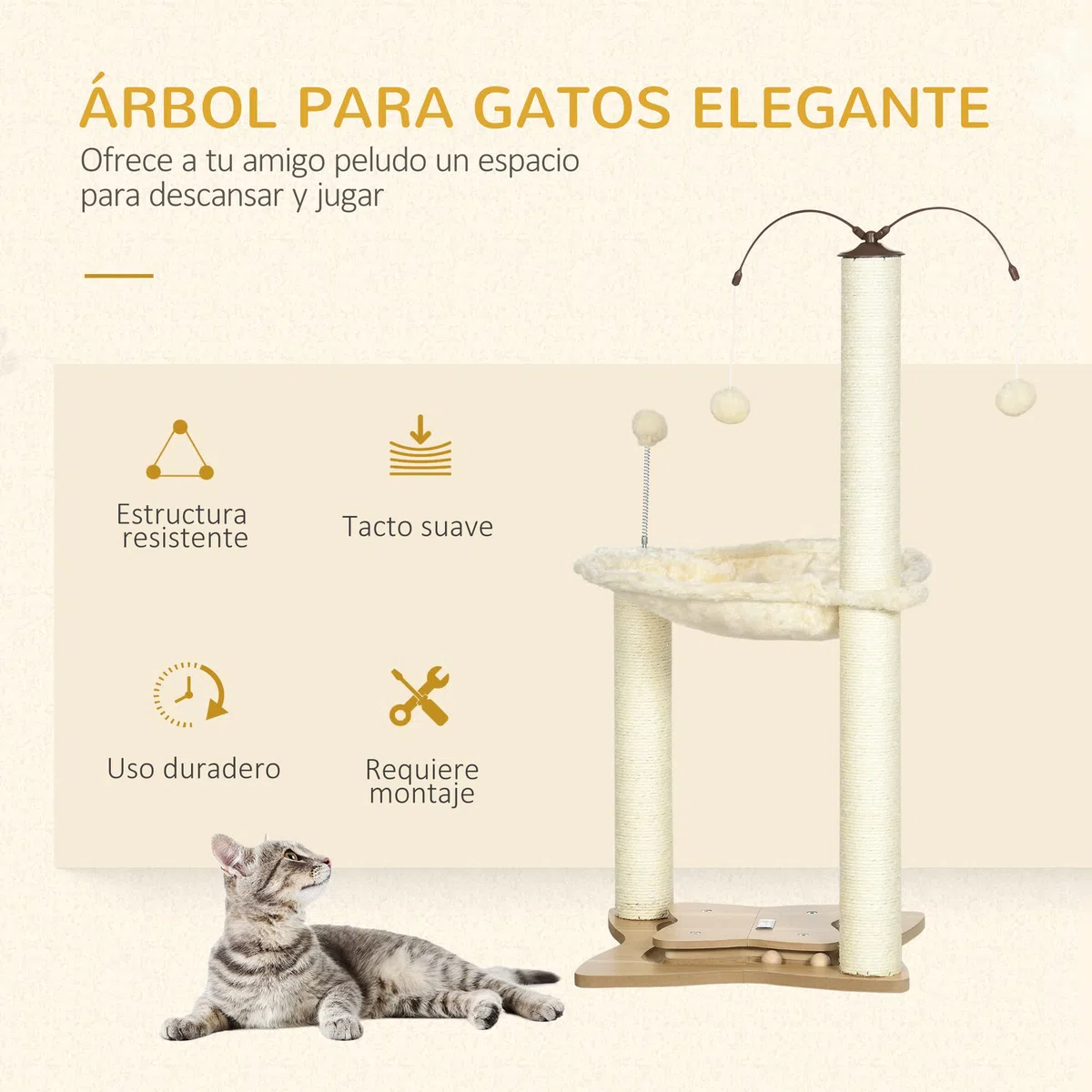 PawHut Albero Tiragraffi per Gatti max 5kg con Amaca, Palline da Gioco e Pali in Sisal, Torre per Gatti in MDF e Peluche, 53.5x53.5x90 cm, Beige