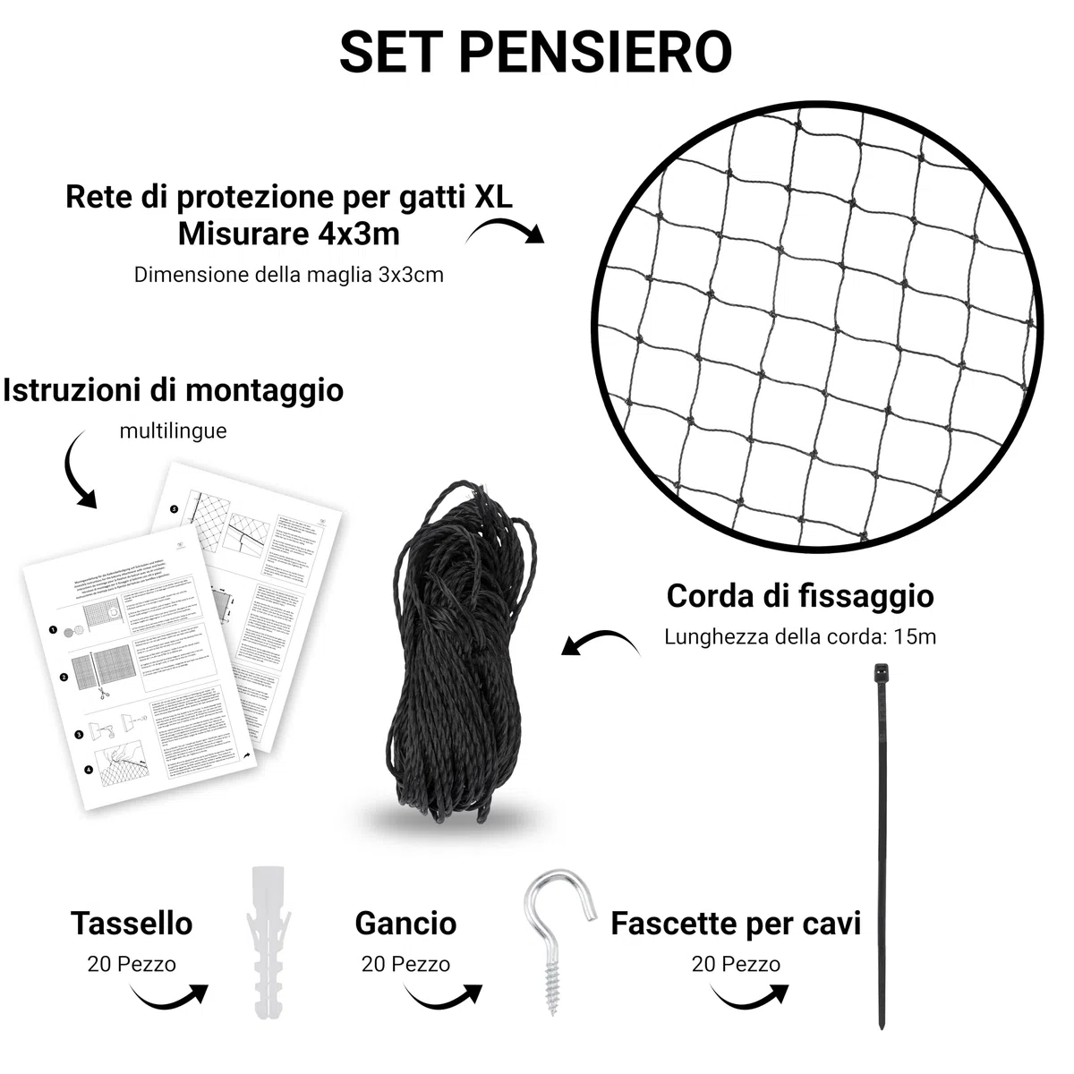 Rete per gatti per balcone, 4 x 3 m, rete da balcone rinforzata con filo per gatti, materiale di fissaggio, protezione sicura per gatti, balcone senza foratura, rete di sicurezza per gatti