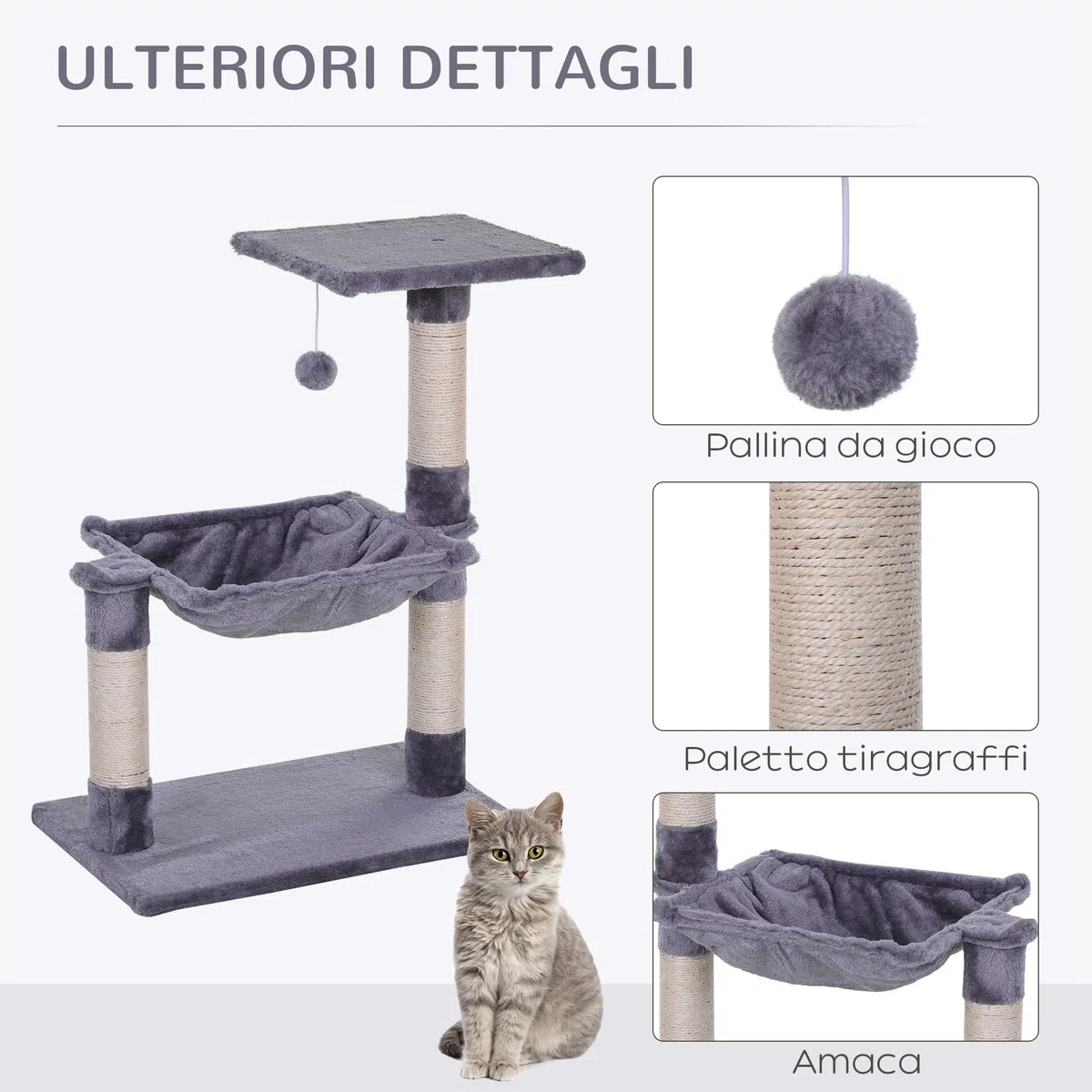 PawHut Albero Tiragraffi per Gatti Multilivello, Gioco per Gatti con Amaca e Pallina Appesa in Legno e Peluche, 50x36x70cm, Grigio