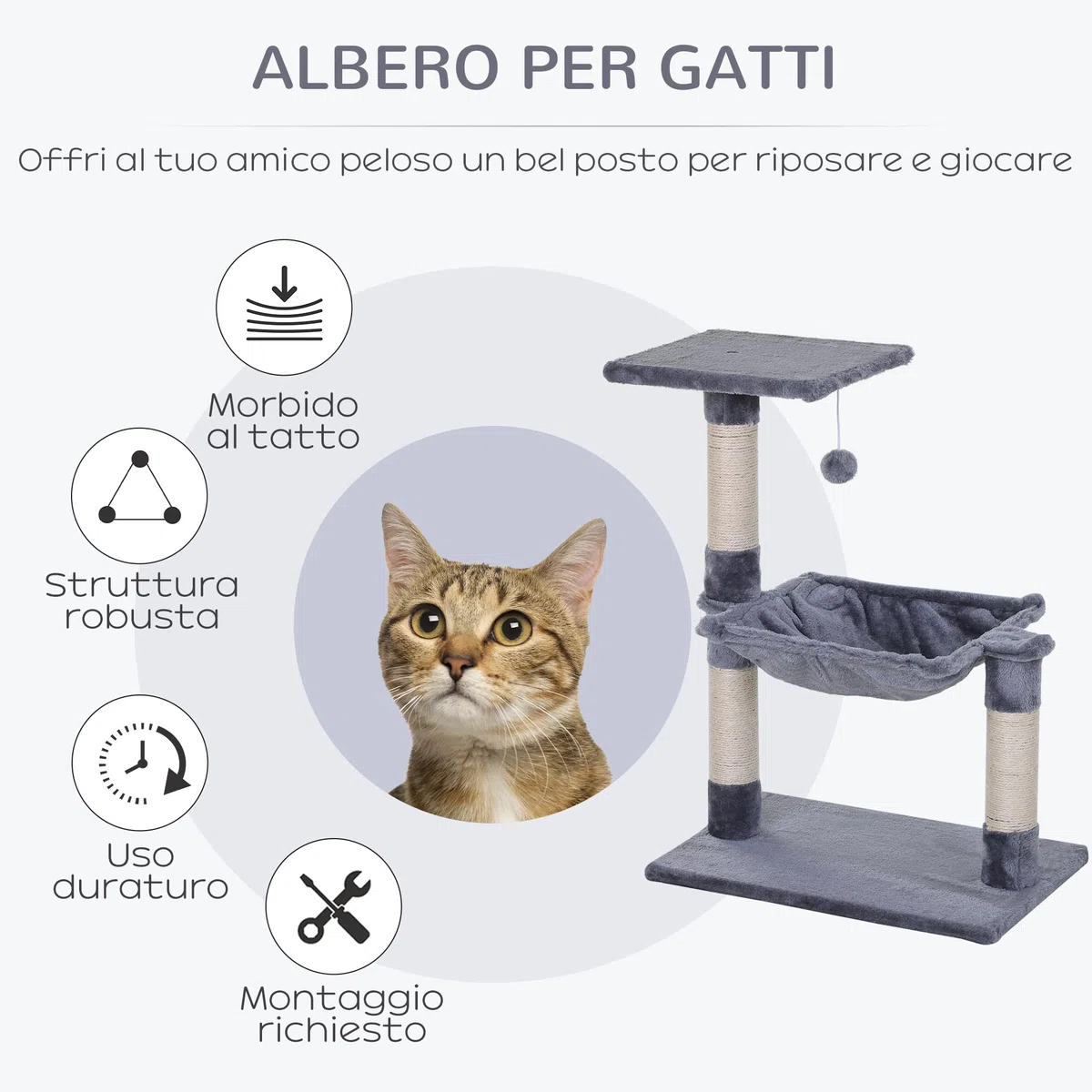PawHut Albero Tiragraffi per Gatti Multilivello, Gioco per Gatti con Amaca e Pallina Appesa in Legno e Peluche, 50x36x70cm, Grigio
