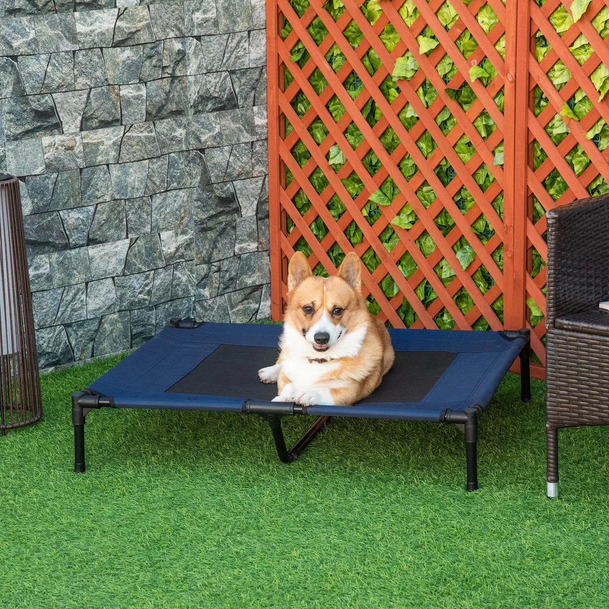 PawHut Brandina per Cani Rialzato con 600D Tessuto a Rete, Lettino per Cani Grandi da Viaggio con Peso fino a 30 kg, 91.5x76.2x18 cm, Blu