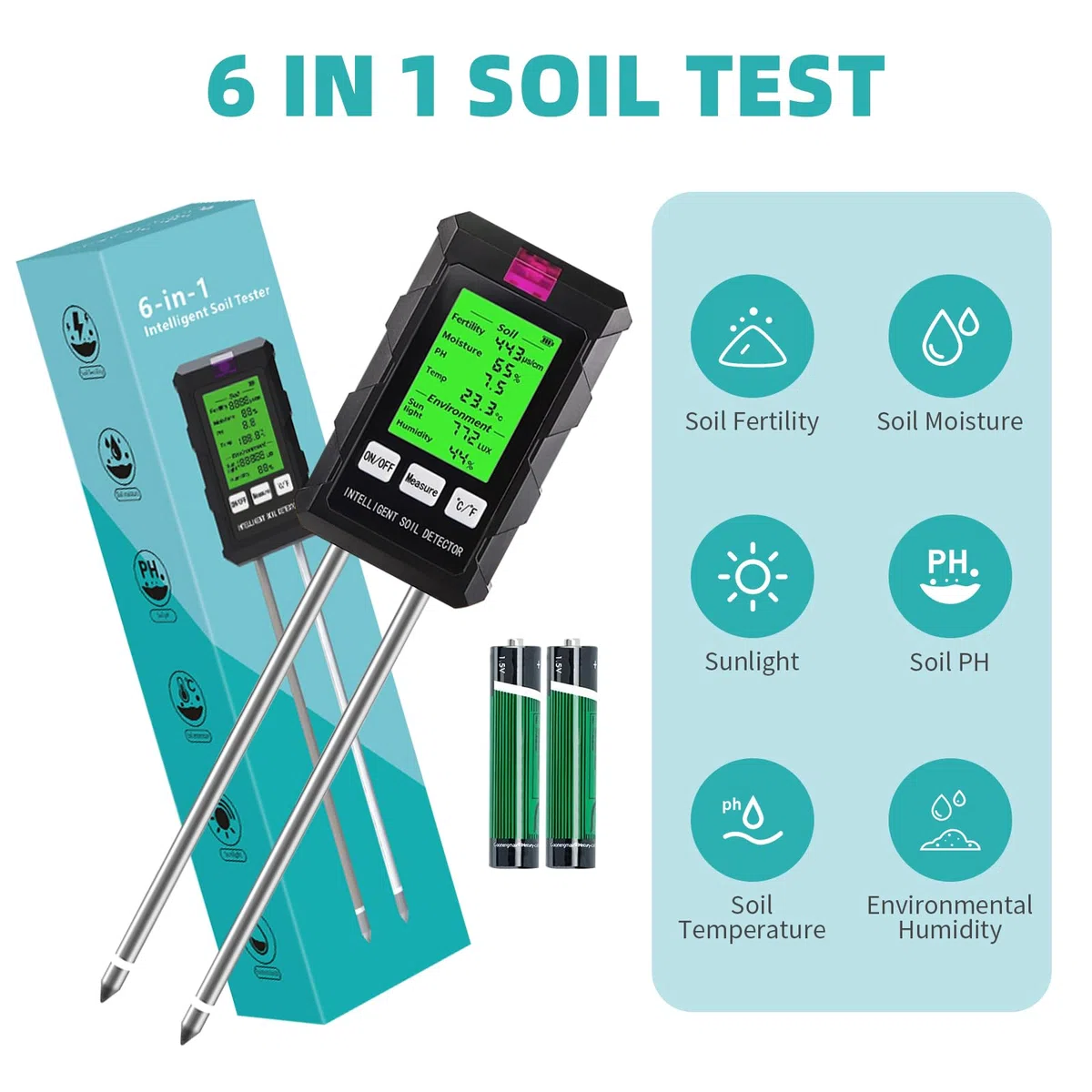 Misuratore PH Terreno 6 in 1, Misuratore Umidità Terreno, Fertilità del Suolo, Temperatura, PH,Luce Solare e Umidità Ambientale, per Giardinaggio,Prato,Agricoltura,Piante