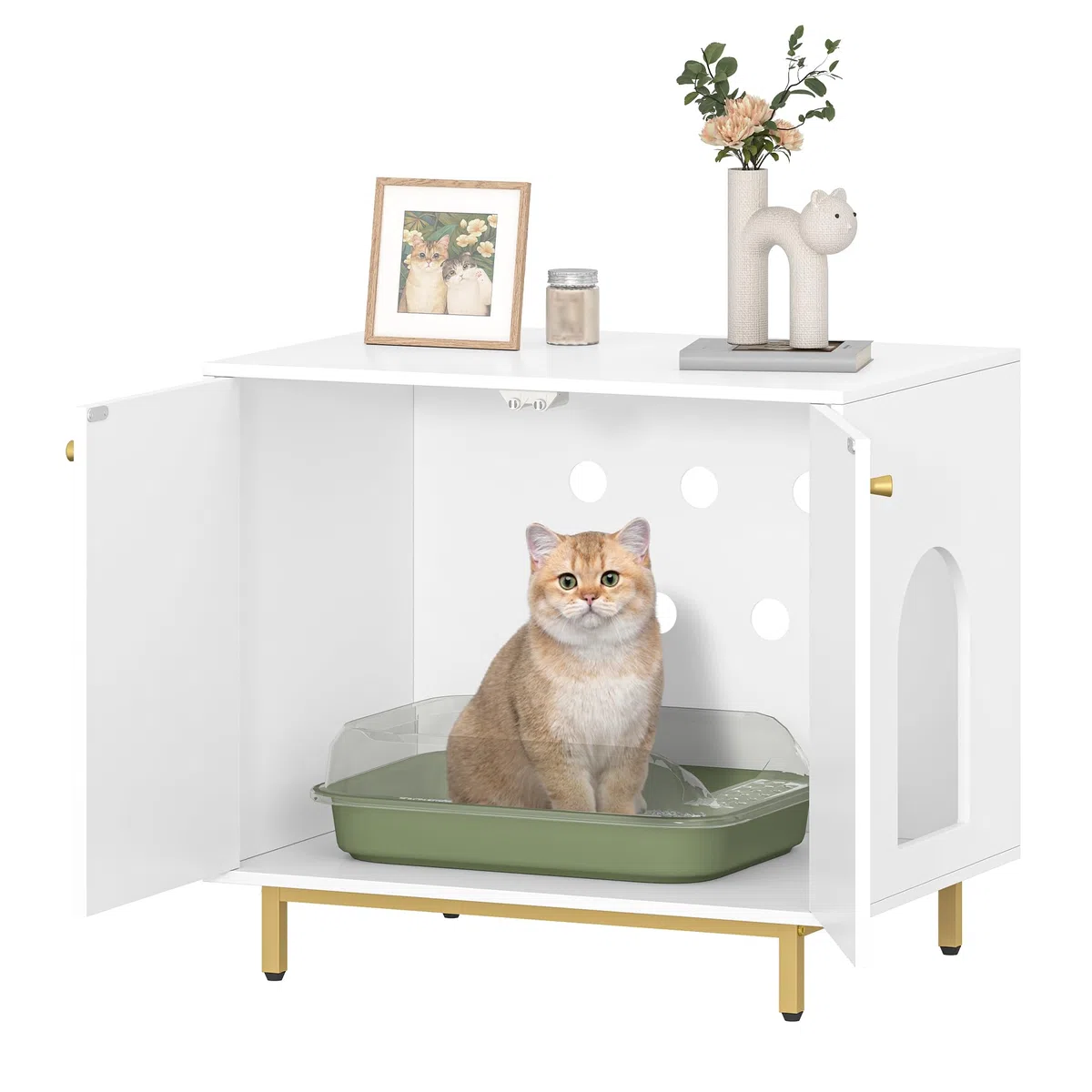 Hzuaneri Casa Della Toilette Per Gatti, Mobile Nascosto, Tavolino in Legno per Animali Domestici, Panca per Armadietto, Adatto Alla Maggior Parte dei Gatti, 80 x 55 x 70 cm, Bianco e Oro CB85003G