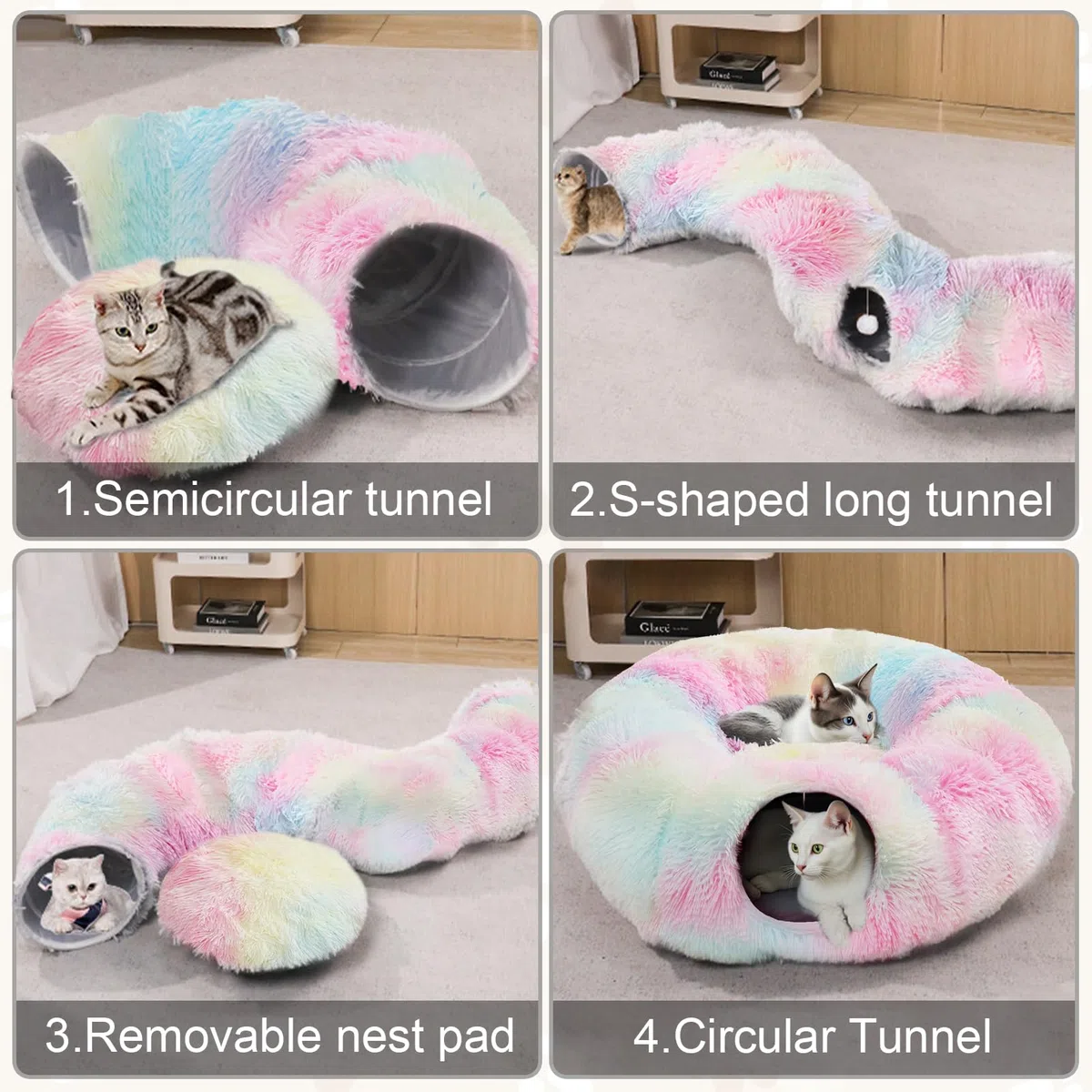 Tunnel per gatti in lino, cuccia estiva traspirante con letto, giocattolo interattivo pieghevole per gatti, gattini e piccoli animali (Colore)