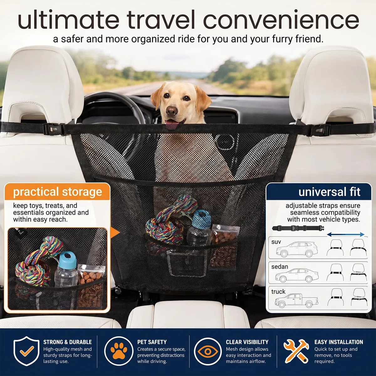 Griglia per Cani per Auto con Tasche portaoggetti 69x57cm, Rete divisoria Universale in Nylon, barriera di Sicurezza per Sedile Posteriore e Anteriore