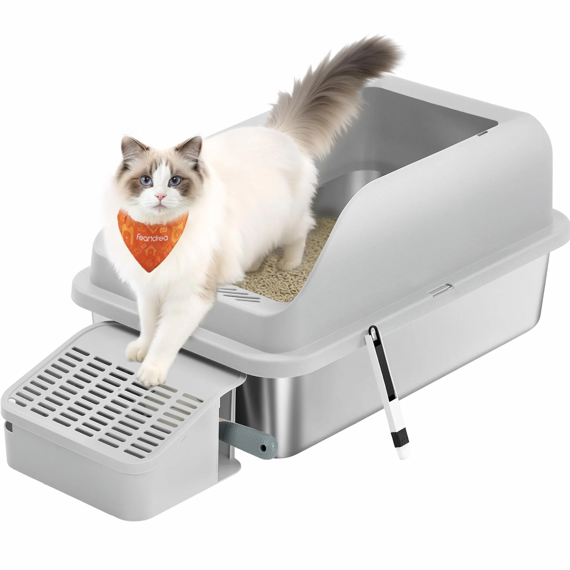 Feandrea Lettiera per Gatti in Acciaio Inox, Vassoio Alto con Apertura Superiore, Gradino, Paletta, Spazzola, per Gatti fino a 15 kg, Grigio Tortora PPT008GD01