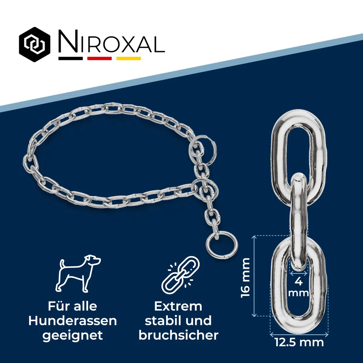 Collare addestramento cane acciaio inox V4A Ø4 mm – lunghezza 60 cm (lunghezza totale) – per circonferenza testa 46–51 cm – catena maglie corte con arresto di trazione