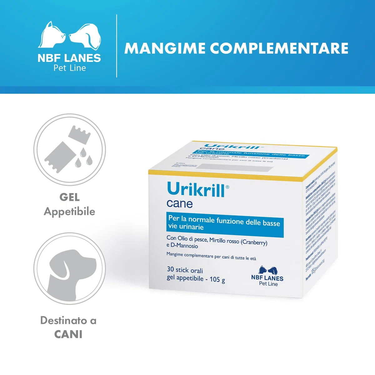 NBF Lanes | Urikrill Cane, Gel Appetibile 30 bustine, per la Normale Funzione delle Basse Vie Urinarie del Cane