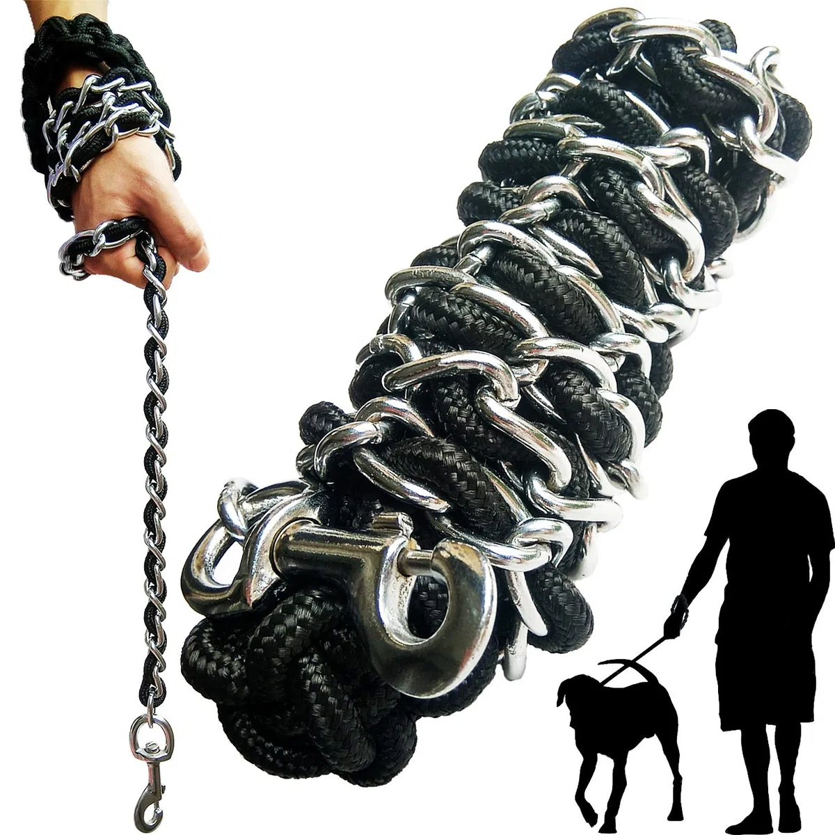 Guinzaglio Con Catena in Metallo per Cani e Animali Domestici, Set di Collare Resistente, Anti-Morso, Gancio a 360°, per Taglia Media e Grande, Addestramento