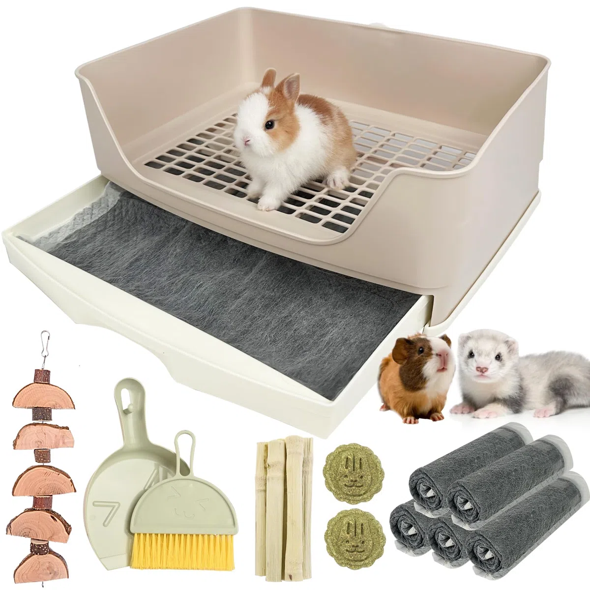 Rubyhome - Cassetta igienica grande per conigli con cassetto e griglia per addestramento, vassoio più ampio per porcellini d'India, cincillà, furetti, galesauri, lunghezza 42,9 cm (bianco)