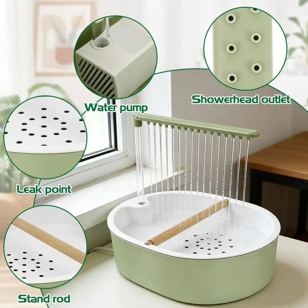 Bagno per uccelli, doccia per uccelli, pappagallini, doccia, uscita cascata, design antiscivolo, fontana per laghetto, accessori per gabbia, divertimento per pappagallo inseparabile