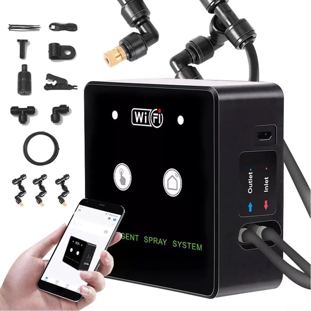 Per sistema intelligente di nebulizzazione per terrari con WiFi, spruzzatore rotante a 360 gradi, kit di umidificazione temporizzata per piante della foresta pluviale, pompa autoadescante, ABS e rame