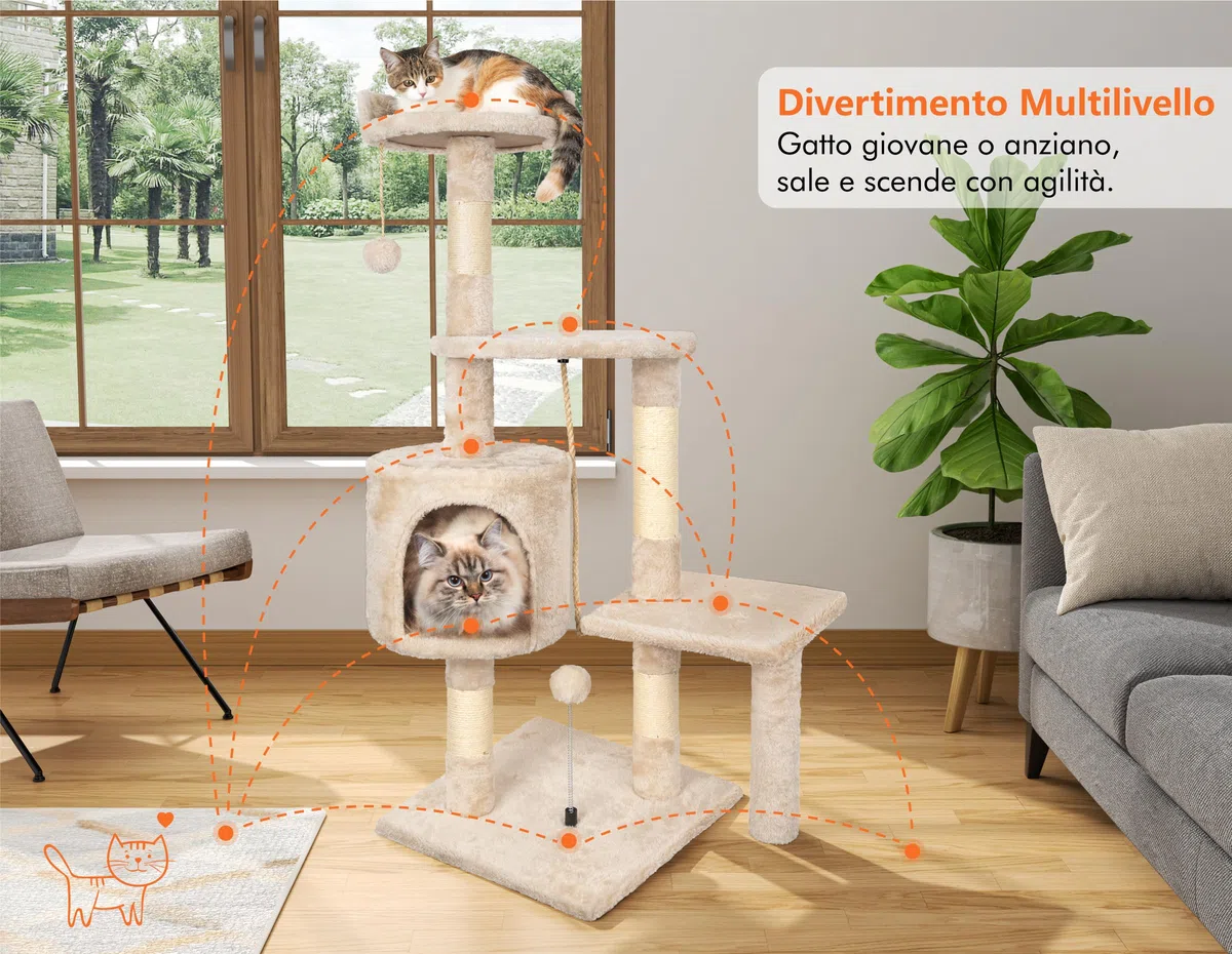 HOMIDEC Tiragraffi per Gatti,112cm Multifunzionale Alberi Tiragraffi Stabile con 4 Pali in Sisal,3 Piattaforme e 1 Cuscino per Albero Gatti Ideale per Gioco e Relax-Beige