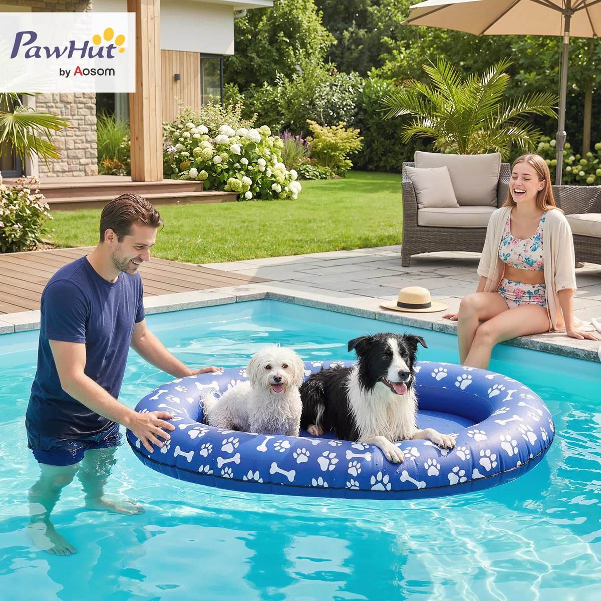 PawHut Galleggiante per Cani 155x104x25 cm, capacità di 40 kg, Galleggiante Gonfiabile Pieghevole con Doppie Maniglie per Cani