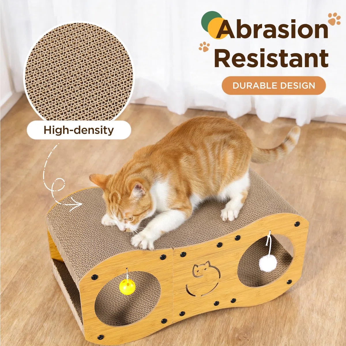 Gimars Casetta Tiragraffi per Gatti 3-in-1, Cuccia e Lettino Tiragraffi in Cartone Ondulato con Palline Gioco, Protezione Mobili e Divani, Stile Legno, 59.5 x 29.5 x 28 cm