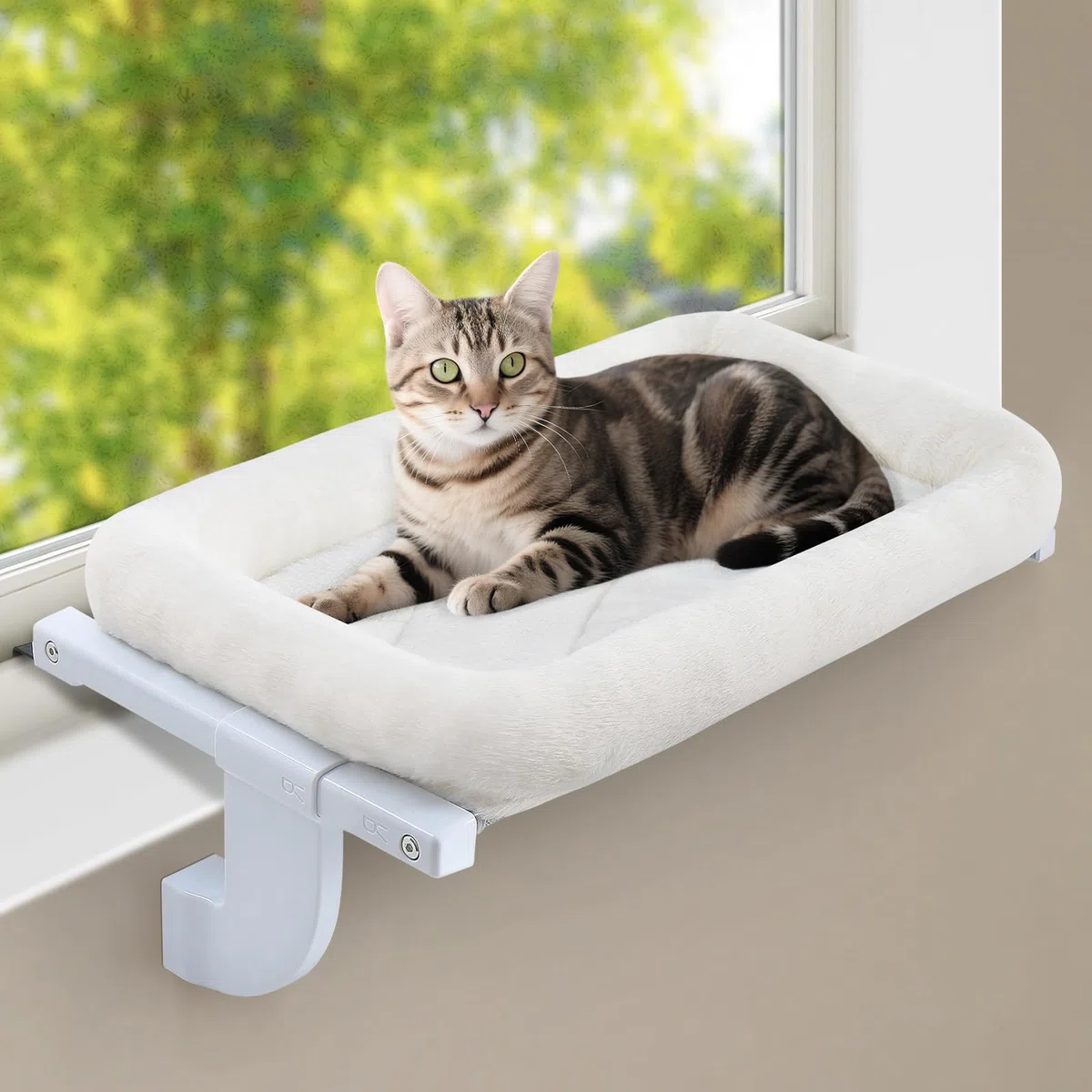 GUUSII HOME Amaca per Gatti da Finestra Gatto Cuccia Morbida Interno Letto Regolabile Gattino Cucce Trespolo Facile da Montare e Spostare per Comodino Sostenere Fino a 18kg (Bianco, M)