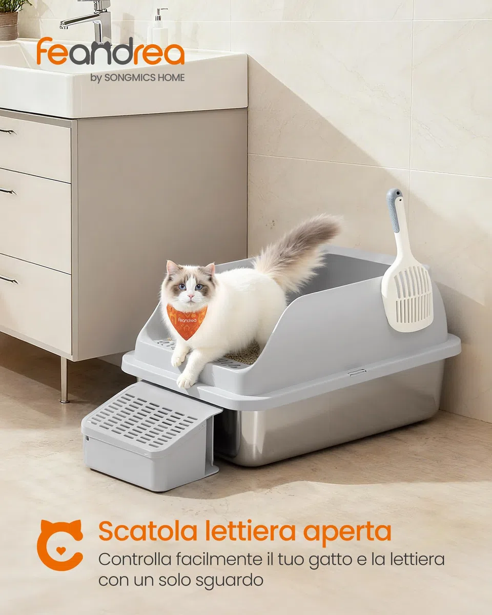 Feandrea Lettiera per Gatti in Acciaio Inox, Vassoio Alto con Apertura Superiore, Gradino, Paletta, Spazzola, per Gatti fino a 15 kg, Grigio Tortora PPT008GD01
