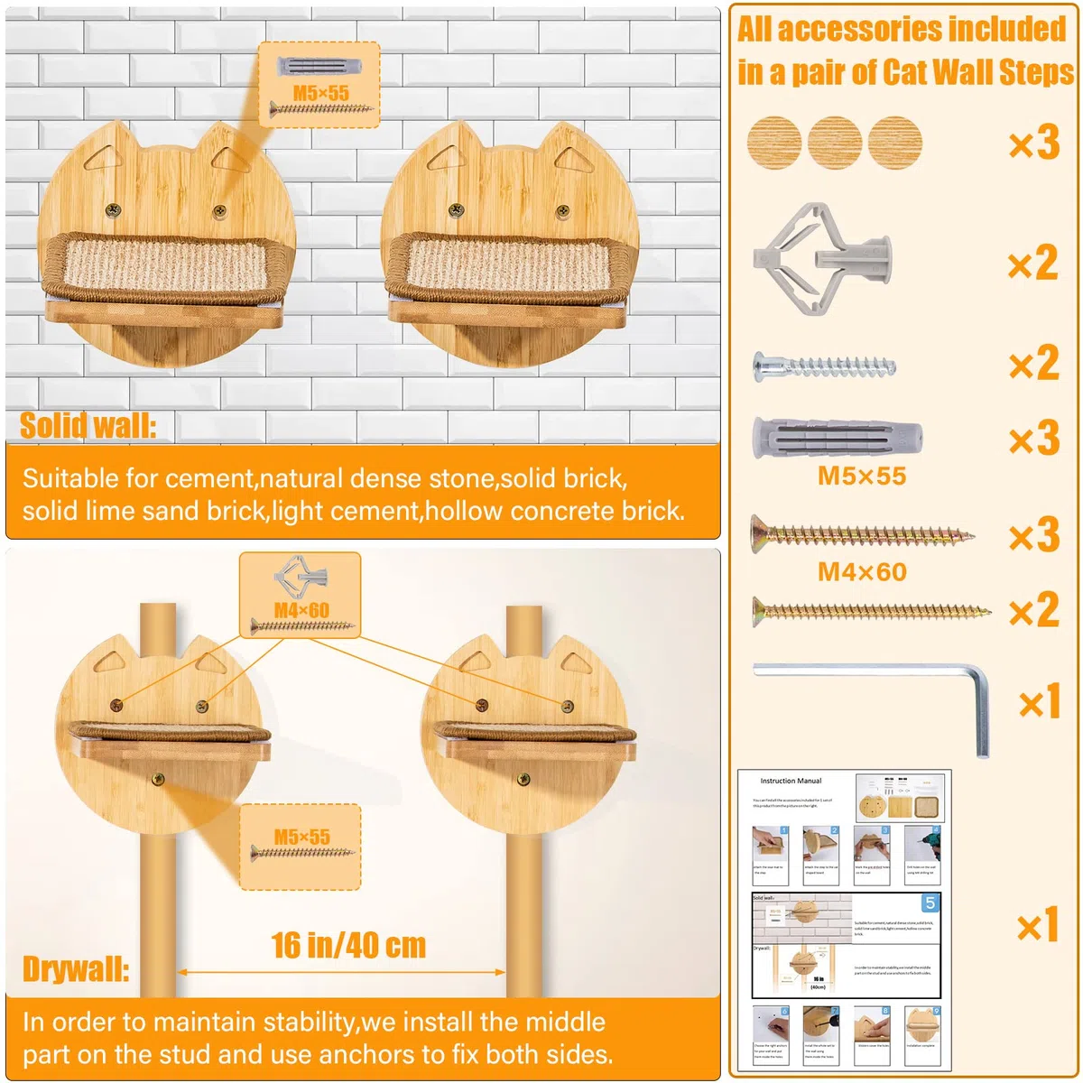 Yangbaga Set di 3 Scale per Gatti - Parete di Arrampicata Con Gradini 18x16 cm in Beige - Passerella e Scala per Gatti