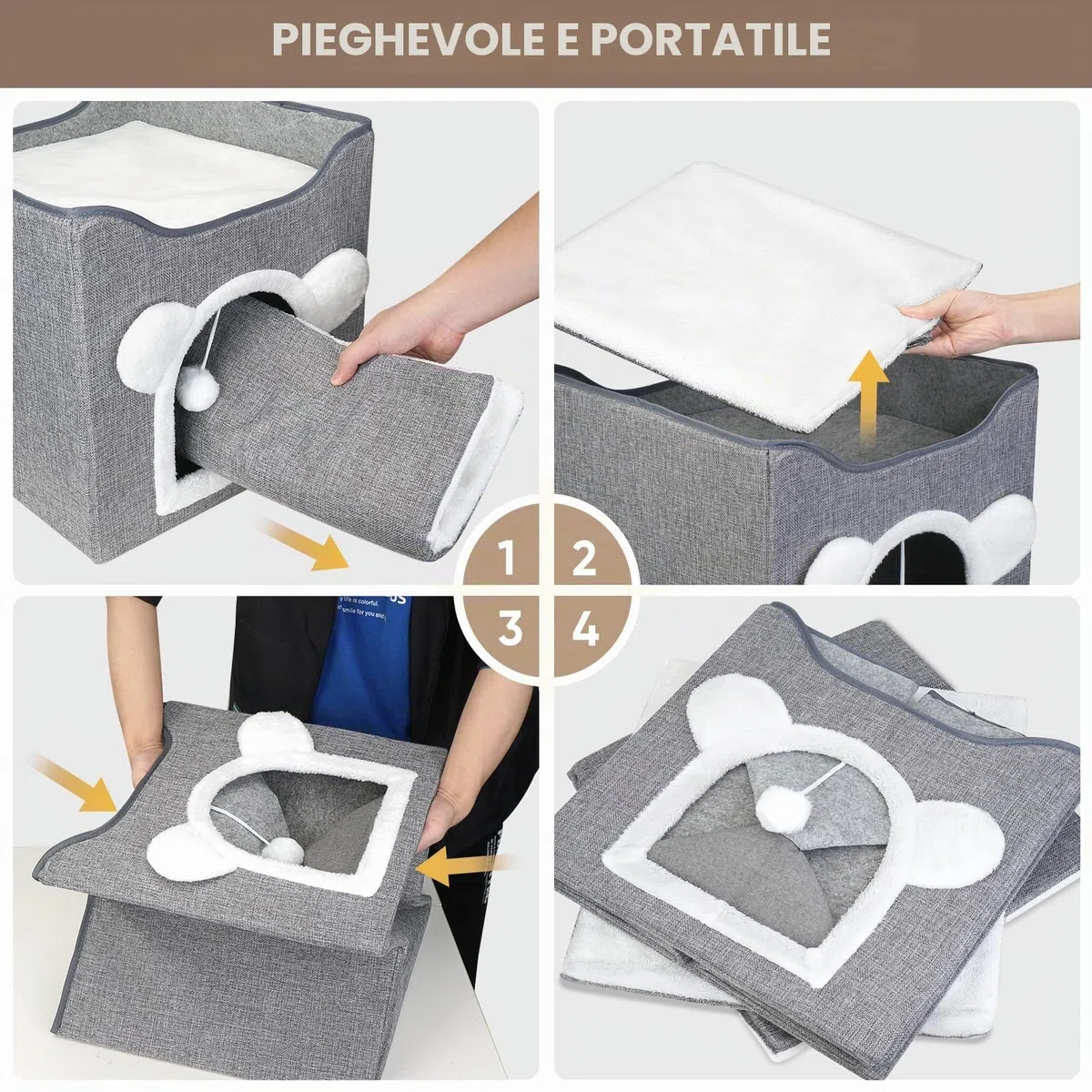 Casetta pieghevole per gatto, Cuccia Gatto Casa pieghevole con terrazza, letto a 2 strati grande grotta con tiragraffi e Pallina da Gioco