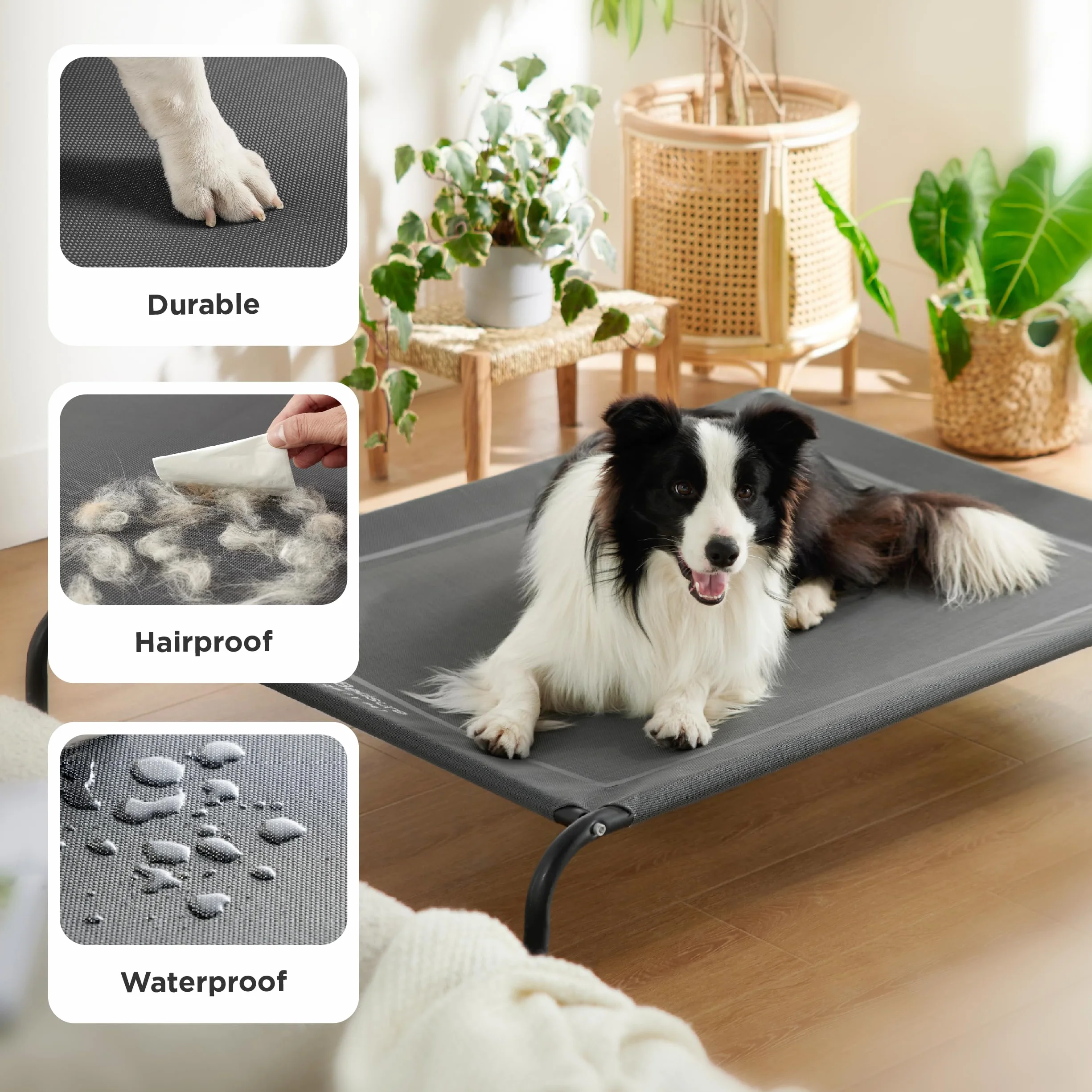 Bedsure Lettino Rialzato per Cani Medi - Lettino Impermeabile Rialzato per Cani con Rete, Lettino per Esterni, Ideale per Viaggi e Giardino, Grigio, 105x65x20 cm