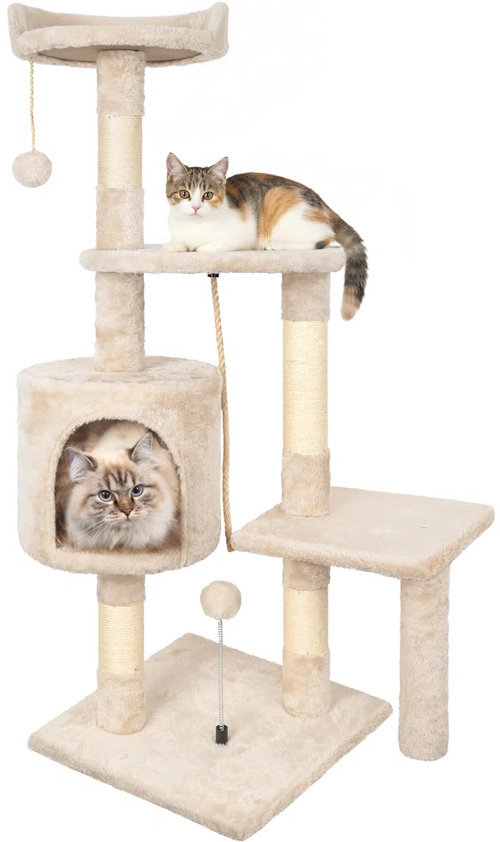 HOMIDEC Tiragraffi per Gatti,112cm Multifunzionale Alberi Tiragraffi Stabile con 4 Pali in Sisal,3 Piattaforme e 1 Cuscino per Albero Gatti Ideale per Gioco e Relax-Beige